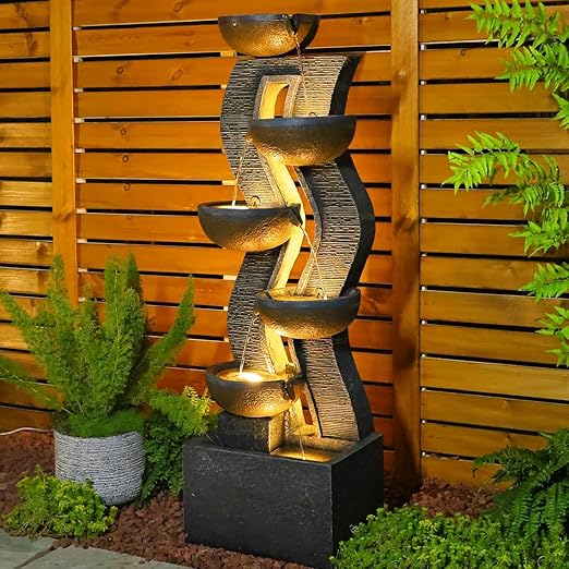 52.8" Tall Outdoor Water Fountain with Lights, 6-Tier Cascading Resin Waterfall Feature for Porch, Garden, Yard, Deck, Patio – Large Freestanding Outdoor Fountain and Waterfall Outside Decor