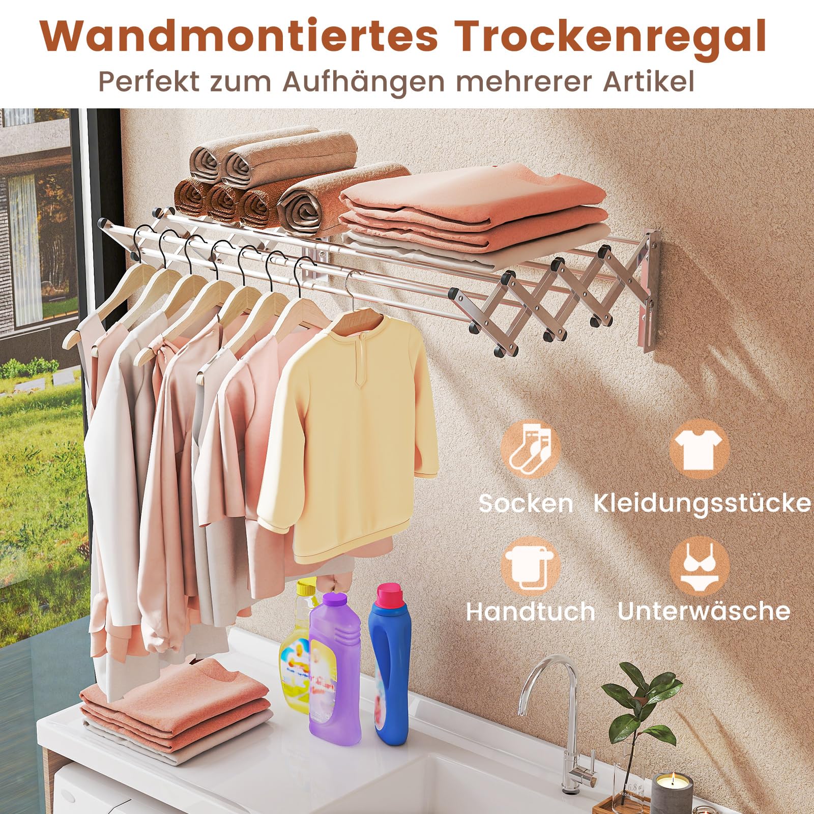 COSTWAY Wäscheständer zur Wandmontage, Wandtrockner ausziehbar aus Edelstahl mit 8 Stangen, Wandwäschetrockner 25 kg Tragkraft für Waschküche, Badezimmer
