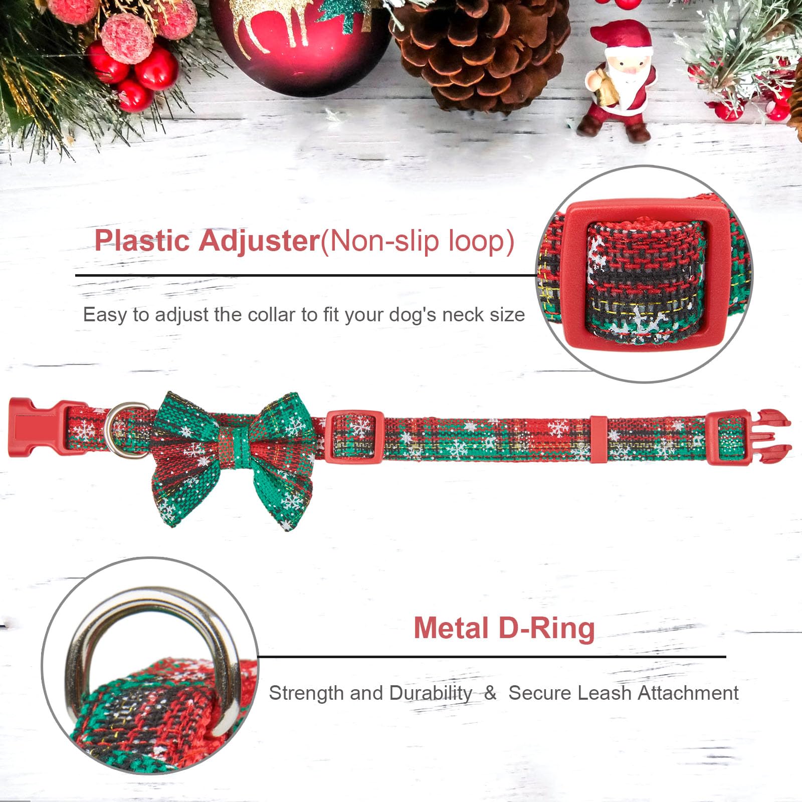 Petiry Plaid Christmas Dog Collar with Removable Bow tie - Snowflake Pattern,For Small Dogs Neck 25-38cm,Snowflake - Image 2