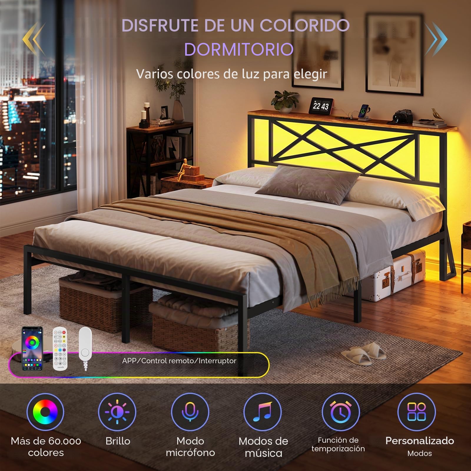 DICTAC Cama de 120 x 200 cm con iluminación LED, estructura de cama de 120 x 200 cm con enchufe y función de carga USB, cama de metal con cabecero de madera, espacio de almacenamiento, marco de cama