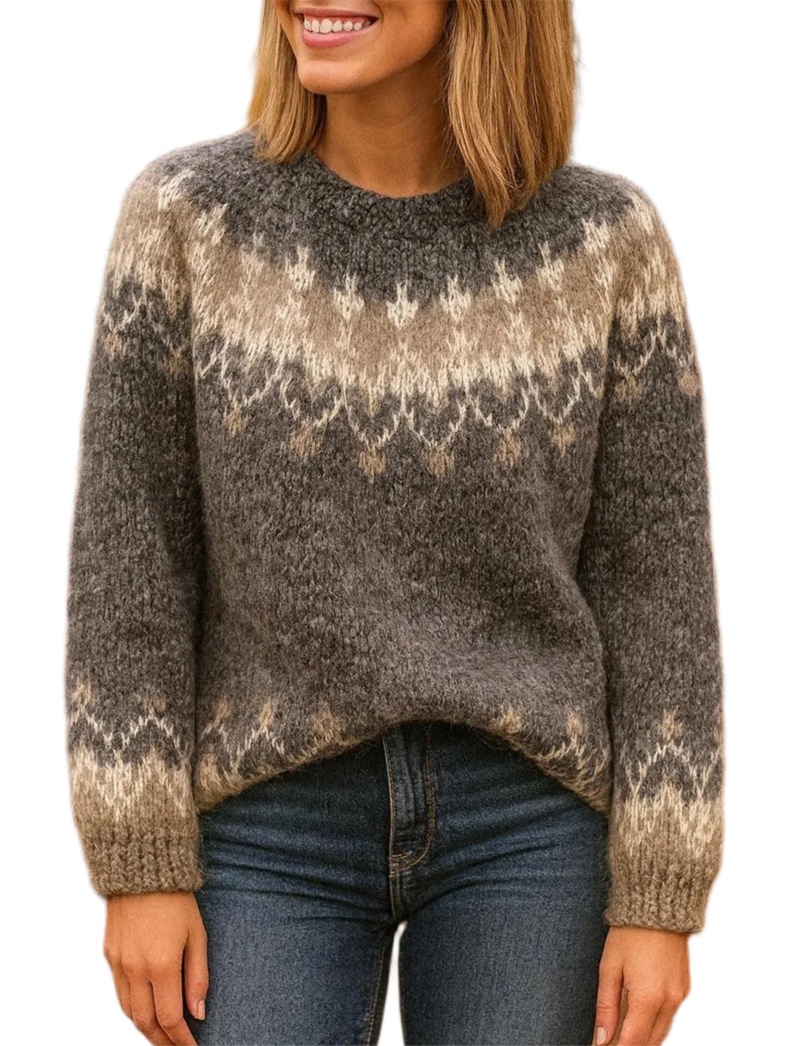 ZAFUL Womens Tribal Ethnic Graphic Cropped Knitwear Bohemian Long Sleeve Pullover Sweater Boho Drop Shoulder Knitted Top