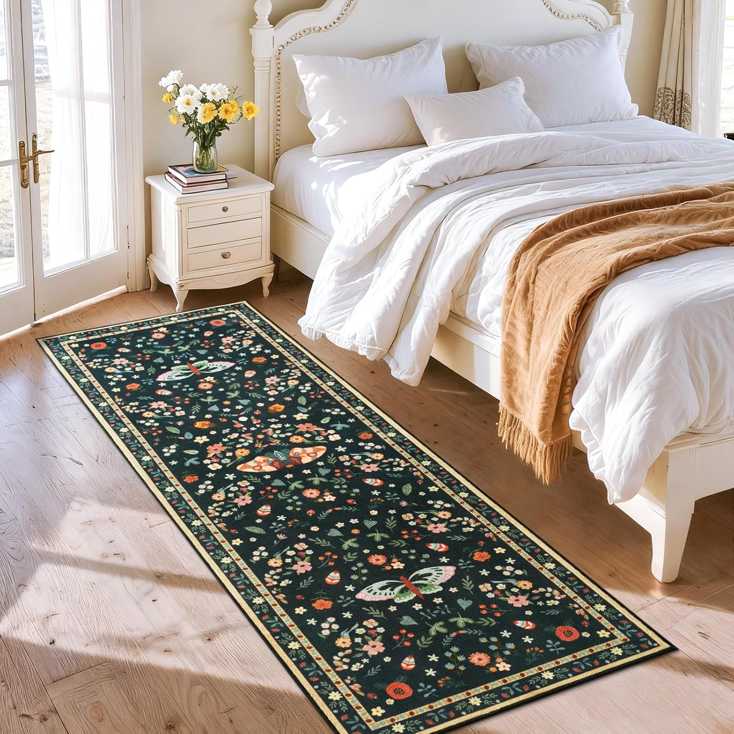 Washable Runner Rug, 2x6 Kitchen Runners for Hallways, Soft Floral Insect Throw Bedside Area Rugs for Bedroom Living Room, Non Slip Indoor Thin Long Carpets for Entryway, Black