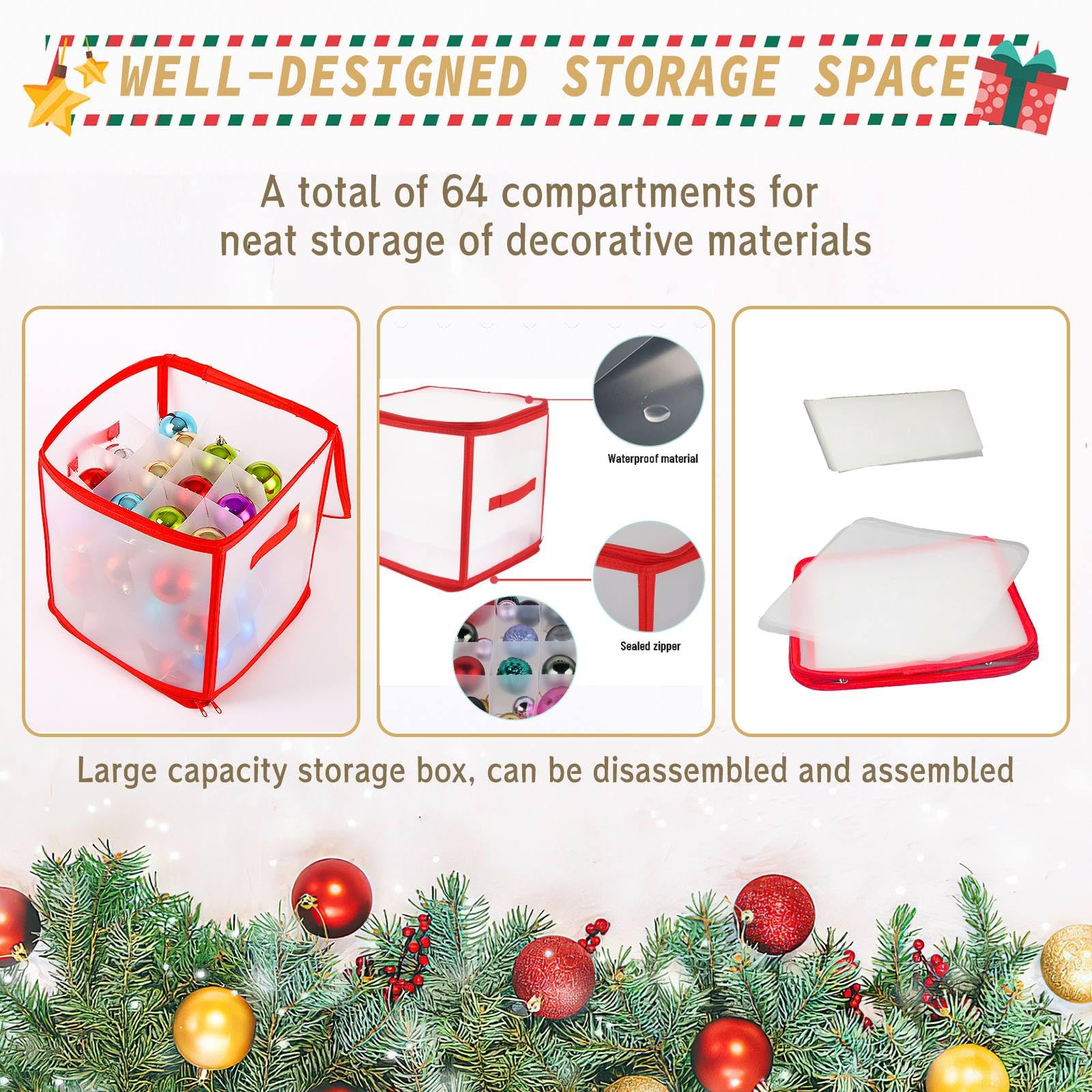 Scatola Portaoggetti per Ornamenti Natalizi, Contenitore per 64 Palline Albero di Natale, Borsa e Scatola Porta Palle