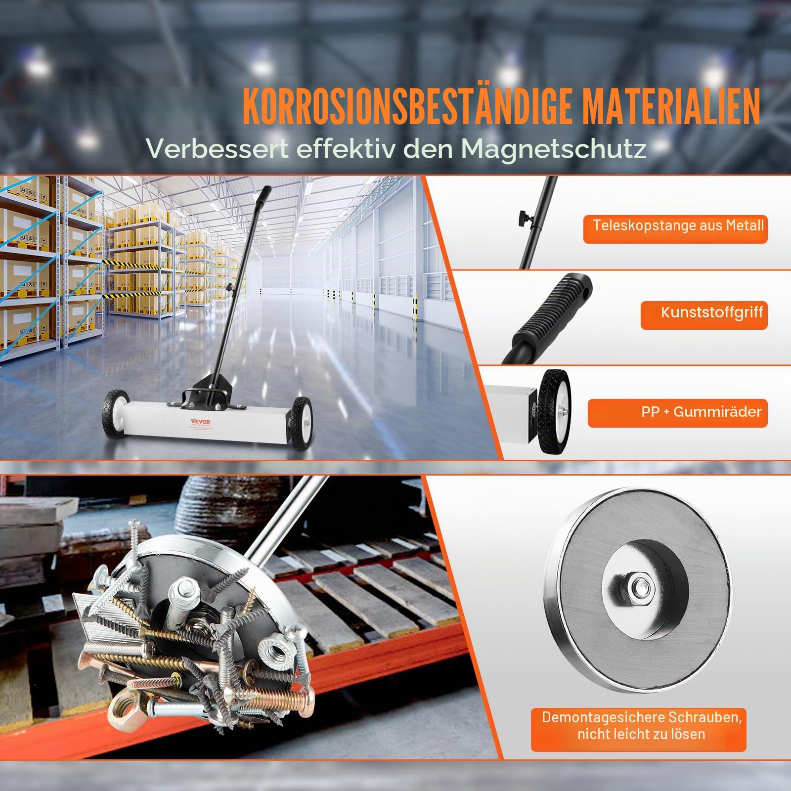 VEVOR Magnetkehrmaschine Magnetbesen, 61 cm / 8 cm magnetische Kehrmaschine, mit ausziehbarem magnetischem Aufnahmewerkzeug, 22,6 kg / 15,9 kg Tragfähigkeit, Kehrmaschine für Werkstatt, Garage, Hof