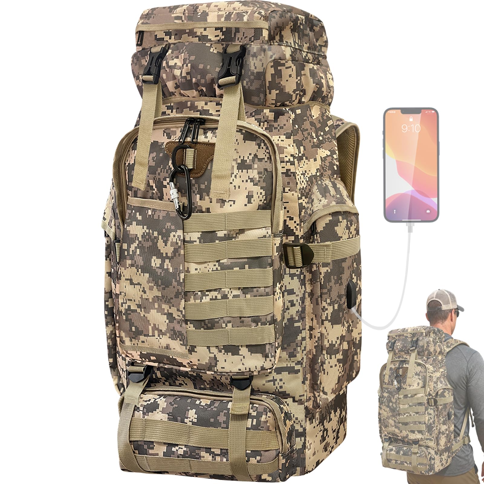Vaupan Hiking Backpack, 80L Camping Military Tactical Backpack with USB Charging Port, Waterproof Large Travel Daypack Outdoor MOLLE Rucksack for Men Women (City Camo-Biner)