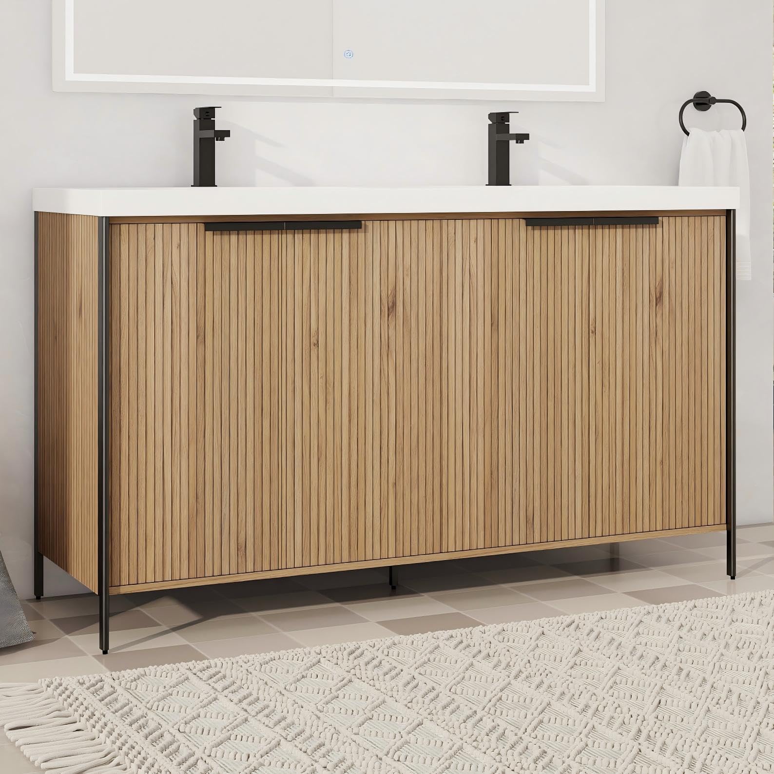 60" Bathroom Vanity with Sink, 60 Inch FreeStanding Vanity, Double Sink Floor Stand Vanity Combo, Modern Brown Bathroom Vanity Set with 4 Doors and