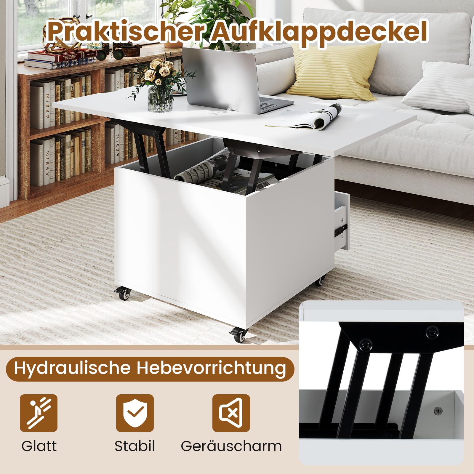 COSTWAY Couchtisch Höhenverstellbar, Wohnzimmertisch mit Schublade, Rollen & verstecktem Stauraum, 3-in-1 Kaffeetisch umwandelbar in Beistelltisch & Esstisch, Sofatisch 120 x 60 x 66 cm (Weiß)