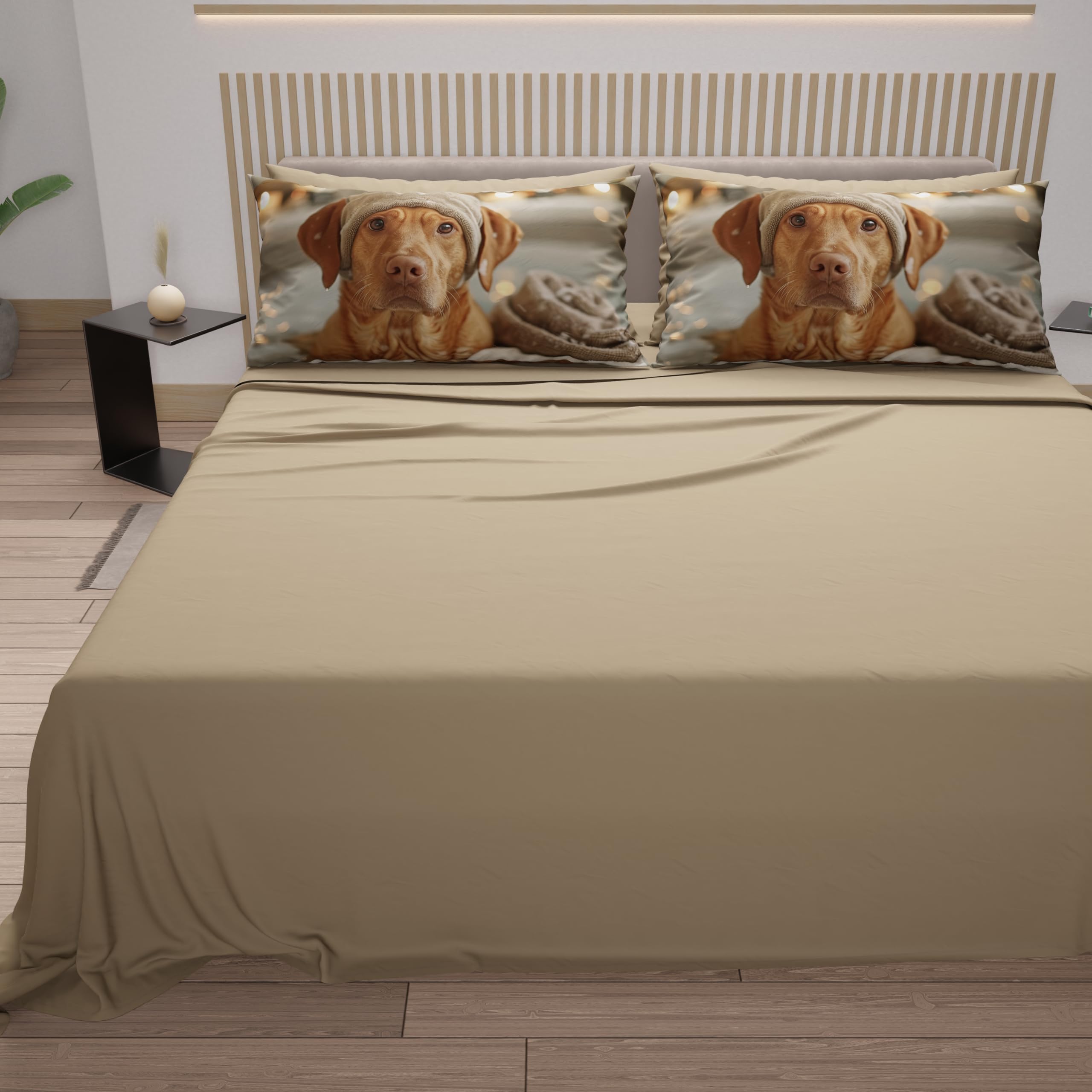 PETTI Artigiani Italiani, Animal Bed Linen with Dogs in Cotton with Pillowcases in Digital Print, Double Bed Sheet, Taupe - Image 4