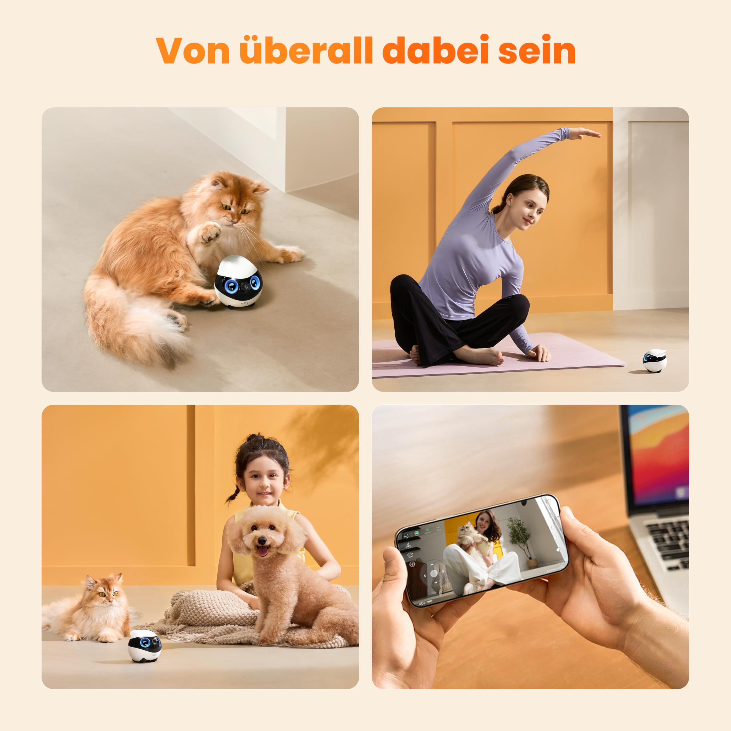 EBO Mini FamilyBot Mobiler Heimroboter mit 2K-Kamera Für Familie&Haustiere | Kompakter mobiler Roboter: Fahre durch dein Zuhause, prüfe Räume und sieh nach Familie oder Haustieren unterwegs.