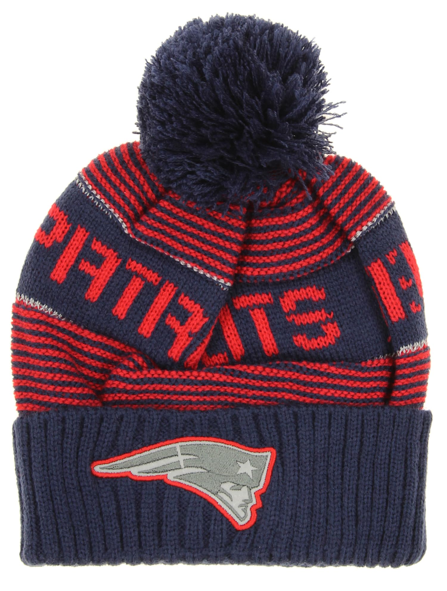 NFL Youth New England Patriots Magna Reflective Cuffed Knit Hat with Pom, Dark Navy,One Size