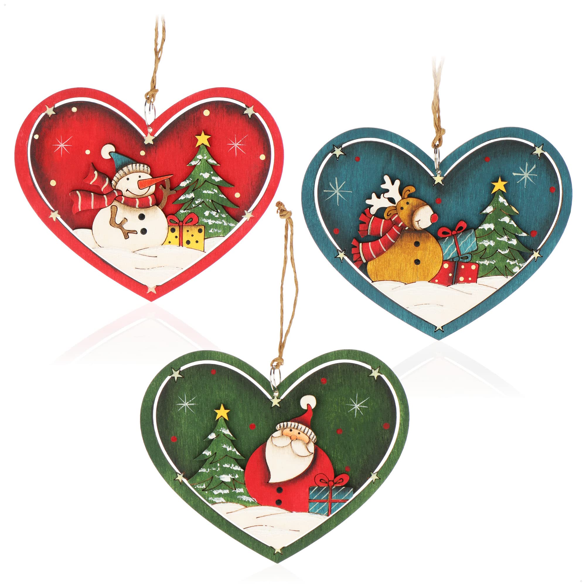 com-four® 3X Colgante de Madera para el árbol de Navidad - Adornos de Madera para el árbol de Navidad - Decoración navideña de Madera con Tres Motivos