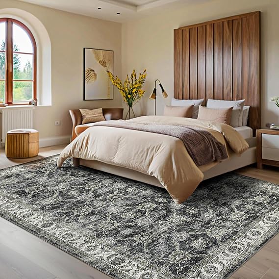 GarveeHome Extra Large Area Rug 10x13 Washable Bedroom Rug Non Slip Foldable Vintage Floral Print Throw Rug Thin Ultra Soft Distressed Carpet for Living Room Home Nursery, Grey