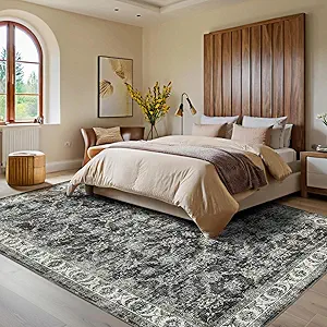 GarveeHome Area Rug 8x10 Washable Living Room Rug Non Slip Distressed Floor Cover Foldable Low Pile Traditional Accent Rug Floral Print Soft Throw Carpet for Bedroom Dining Room Office, Grey