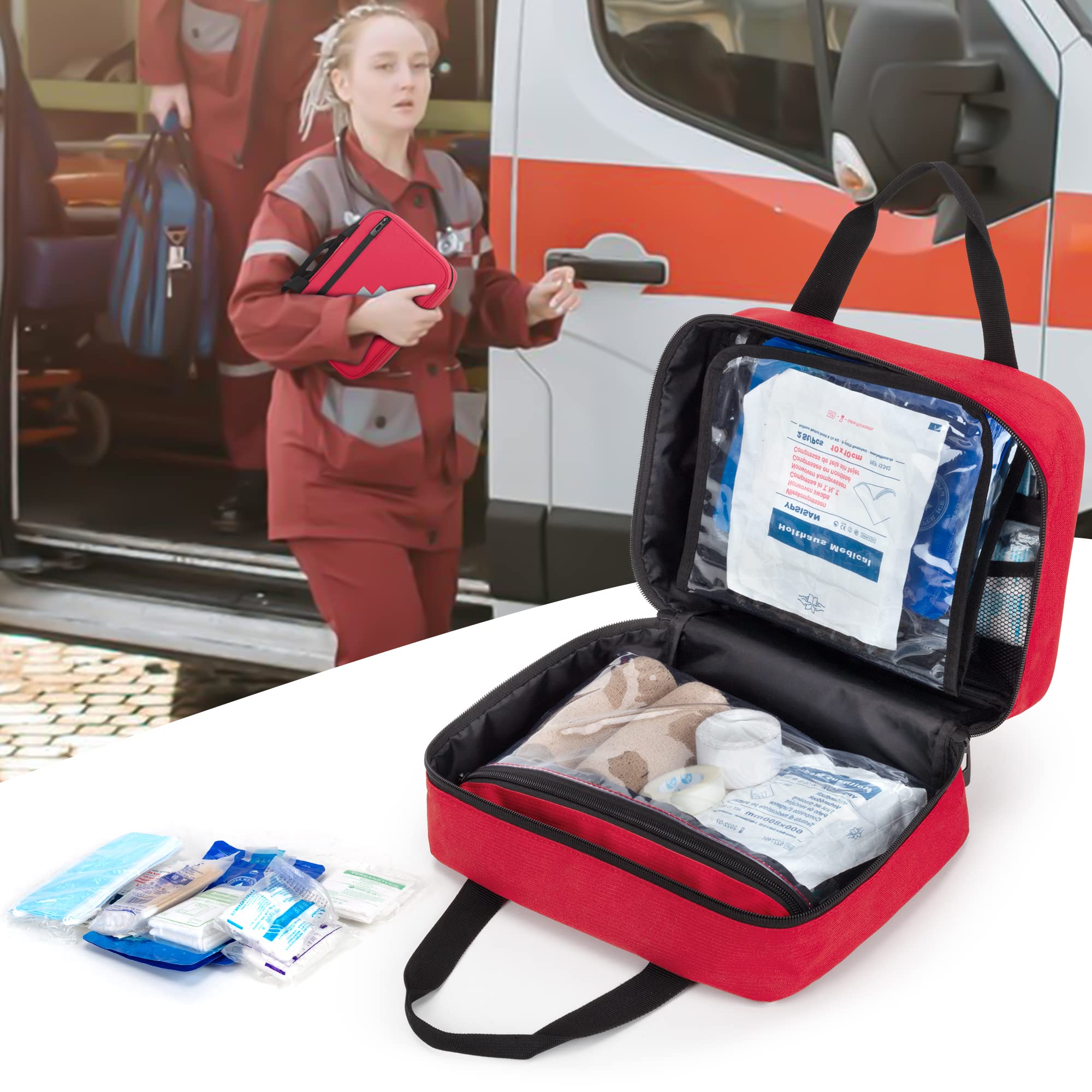 CURMIO Bolsa de Primeros Auxilios, Botiquín de Emergencia para Senderismo, Acampada, Coche, Viajes, Hogar y Exteriores, Bolsa Médica Vacía, Rojo
