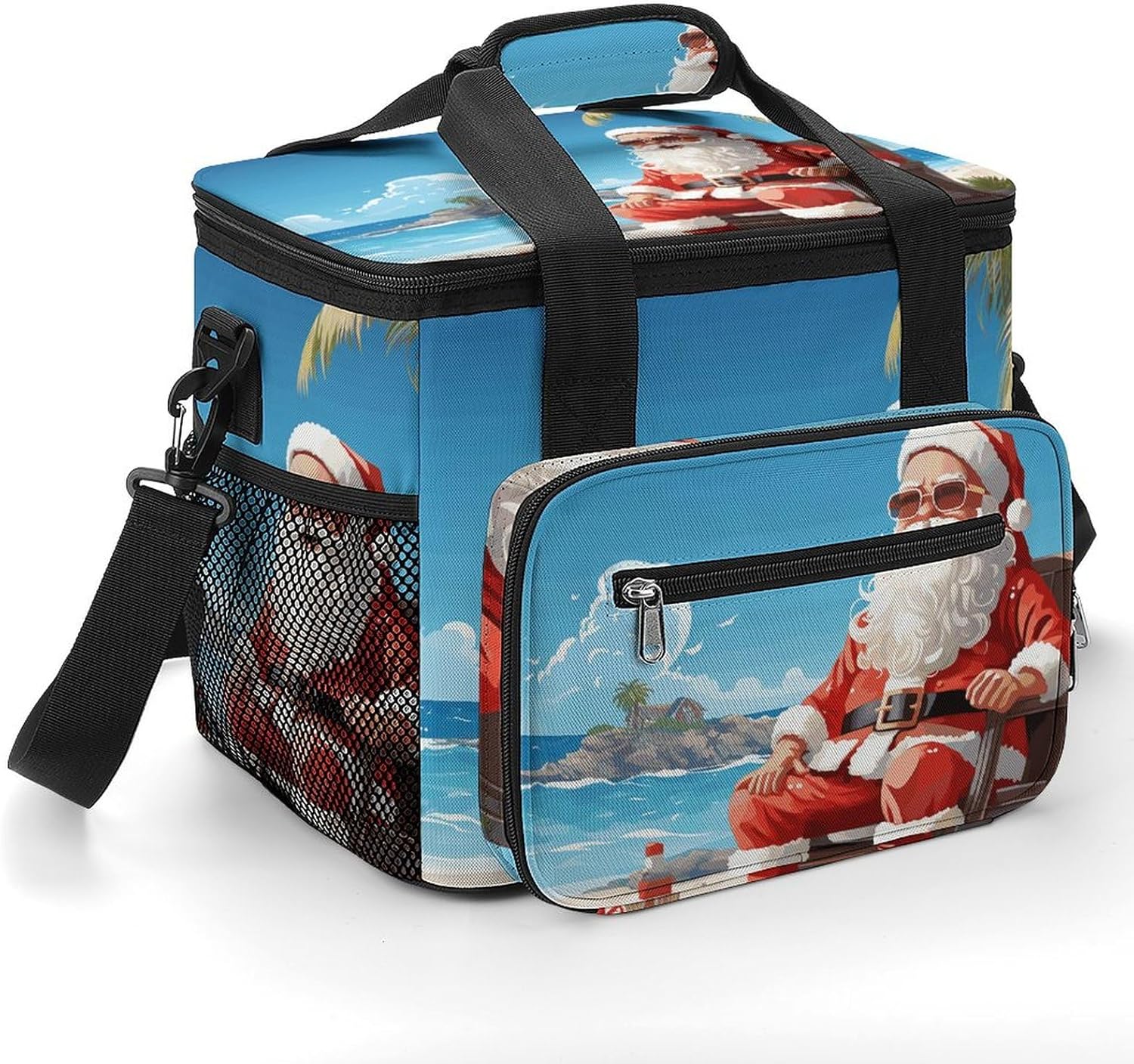 Large-Capacity Oxford Cloth Santa Claus at Beach Printed Camping Ice Bag, Outdoor Portable Insulation and Cold Storage Bag, Enjoy A Cool Camping Time