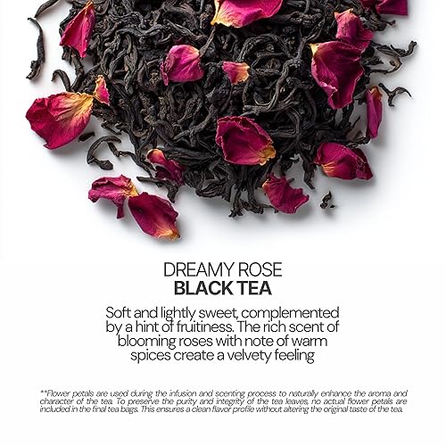 Miniatura 3 de BLOSSOM RITUAL Dreamy Roses  Té negro Hoja suelta  20 bolsas piramidales de base natural  Sirve hasta 60 tazas  Infusión de pétalos de rosa  Aumenta