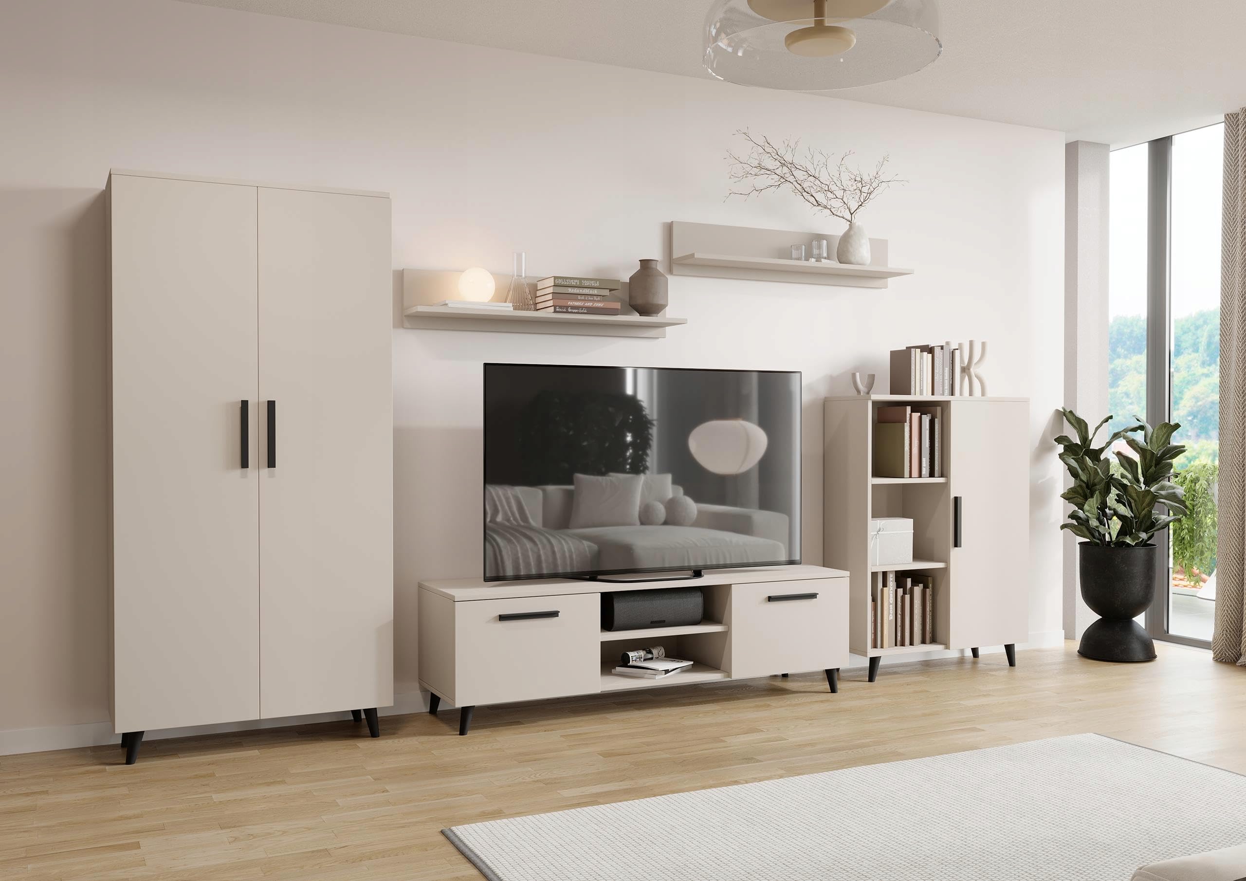 MATKAM Wohnzimmermöbel-Set Nord, 5-teilig: TV-Kommode, Wohnzimmerkommode, Schrank, 2 Hängeregale, Hochwertige Materialien (Kaschmir)