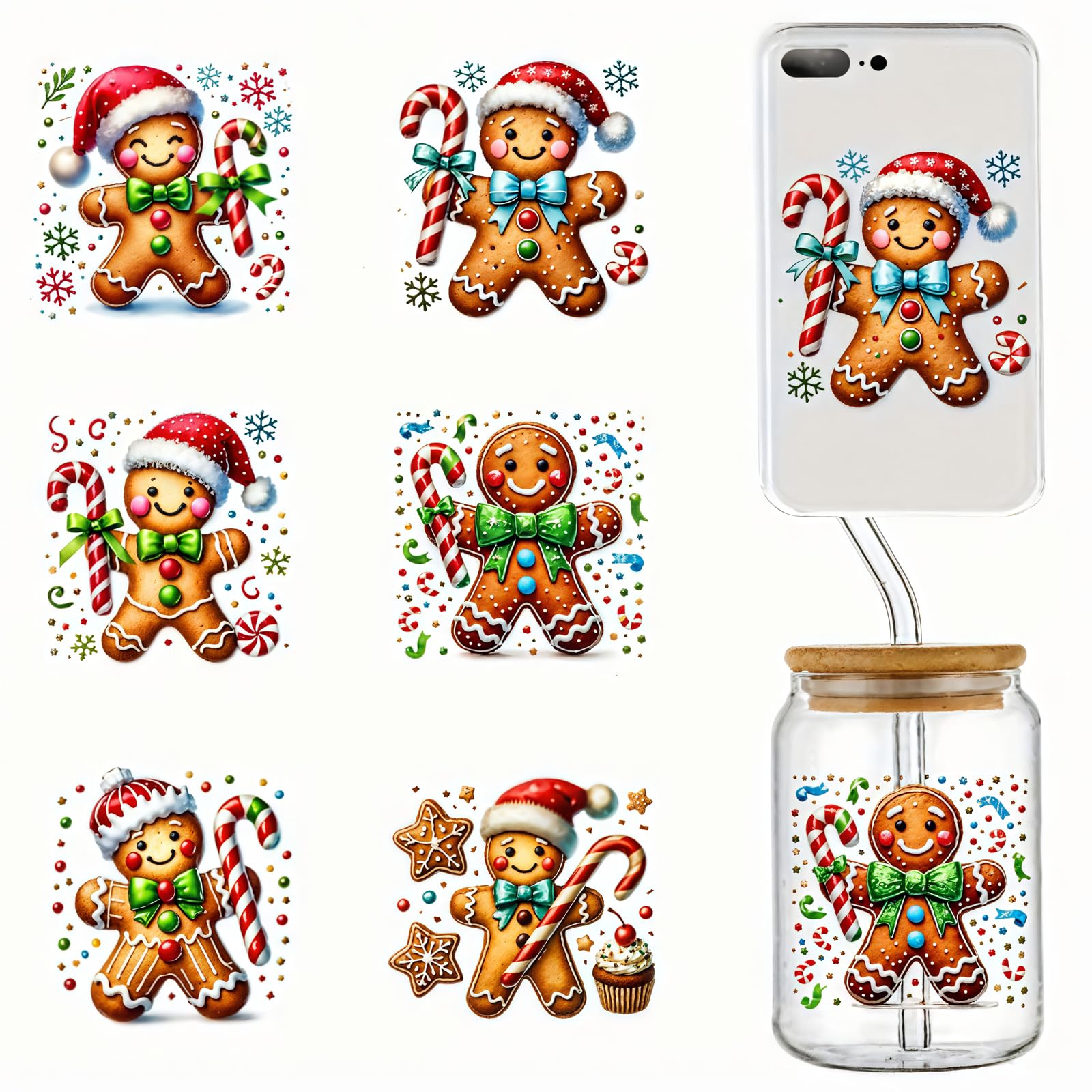 6pcs Merry Christmas Gingerbread UV DTF Cup Wraps Transfer Waterproof Sticker for Glass Cups Furniture Craft DIY Crafts，Rub on Transfer Stickers for DIY Water Bottle Laptop Decal Wood Car