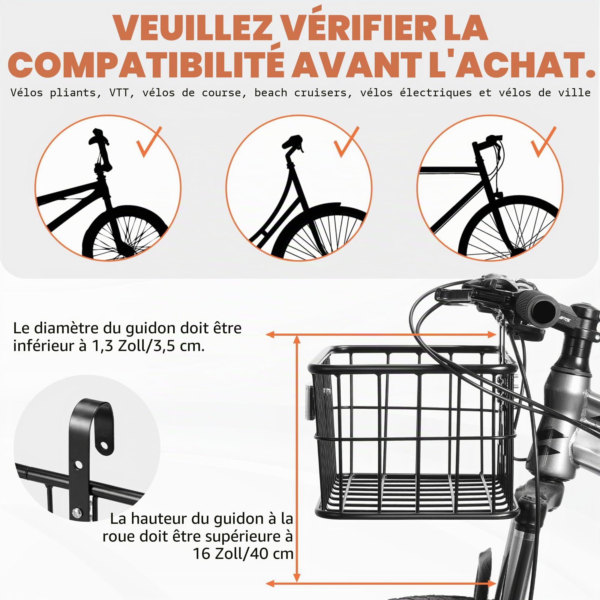 CDYWD Panier De Vélo Avant Avec Poche Intérieure Amovible, Grand Panier De Guidon Pour Vélo Électrique, Scooter, Vélo De Montagne, Vélo De Course, Vélo De Ville
