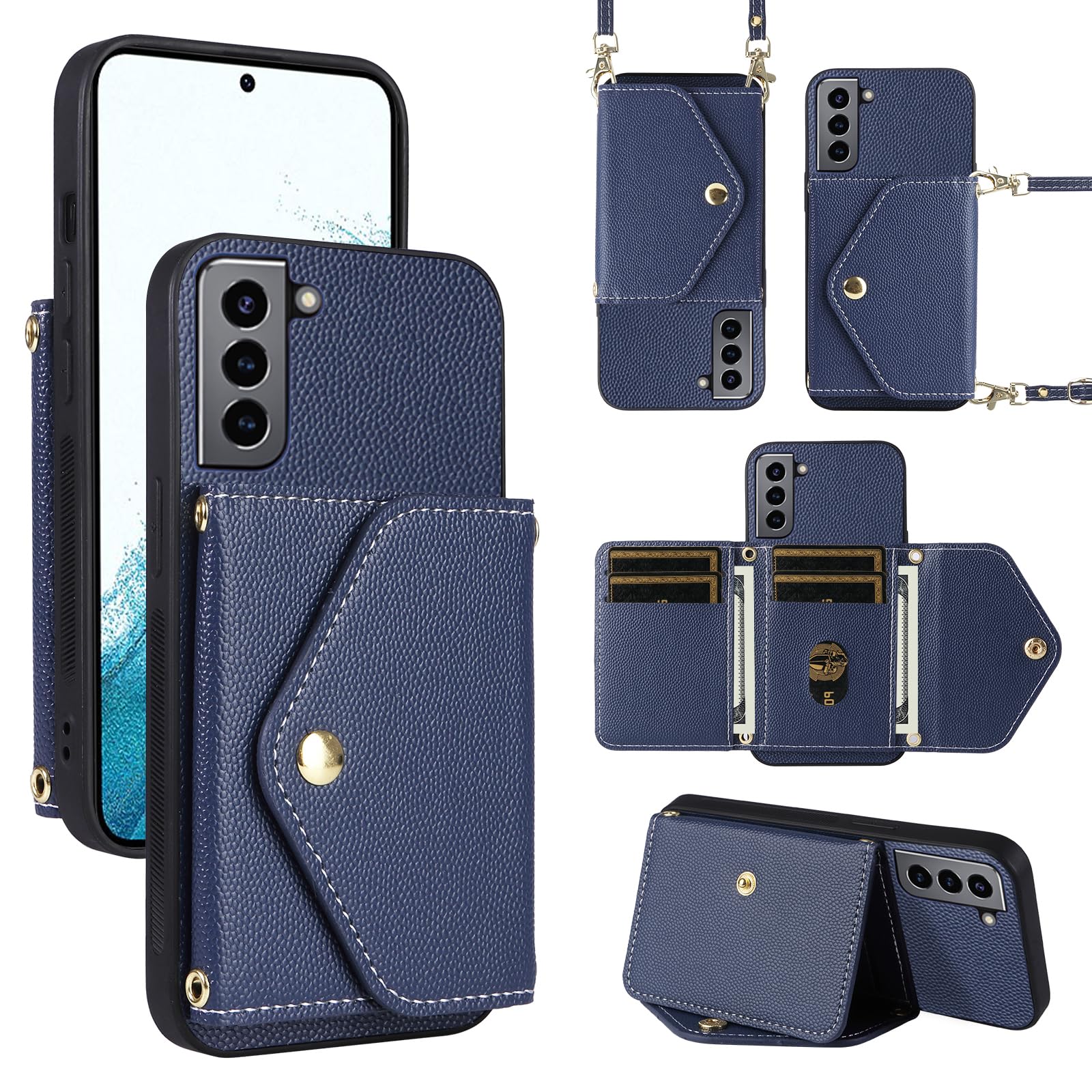 Dibosom Minimalist Wallet Case for Samsung Galaxy S21 5G 6.2 inch with Shoulder Strap,6 Card Slots Thin Slim Flip Purse,Credit Card Holder Stand