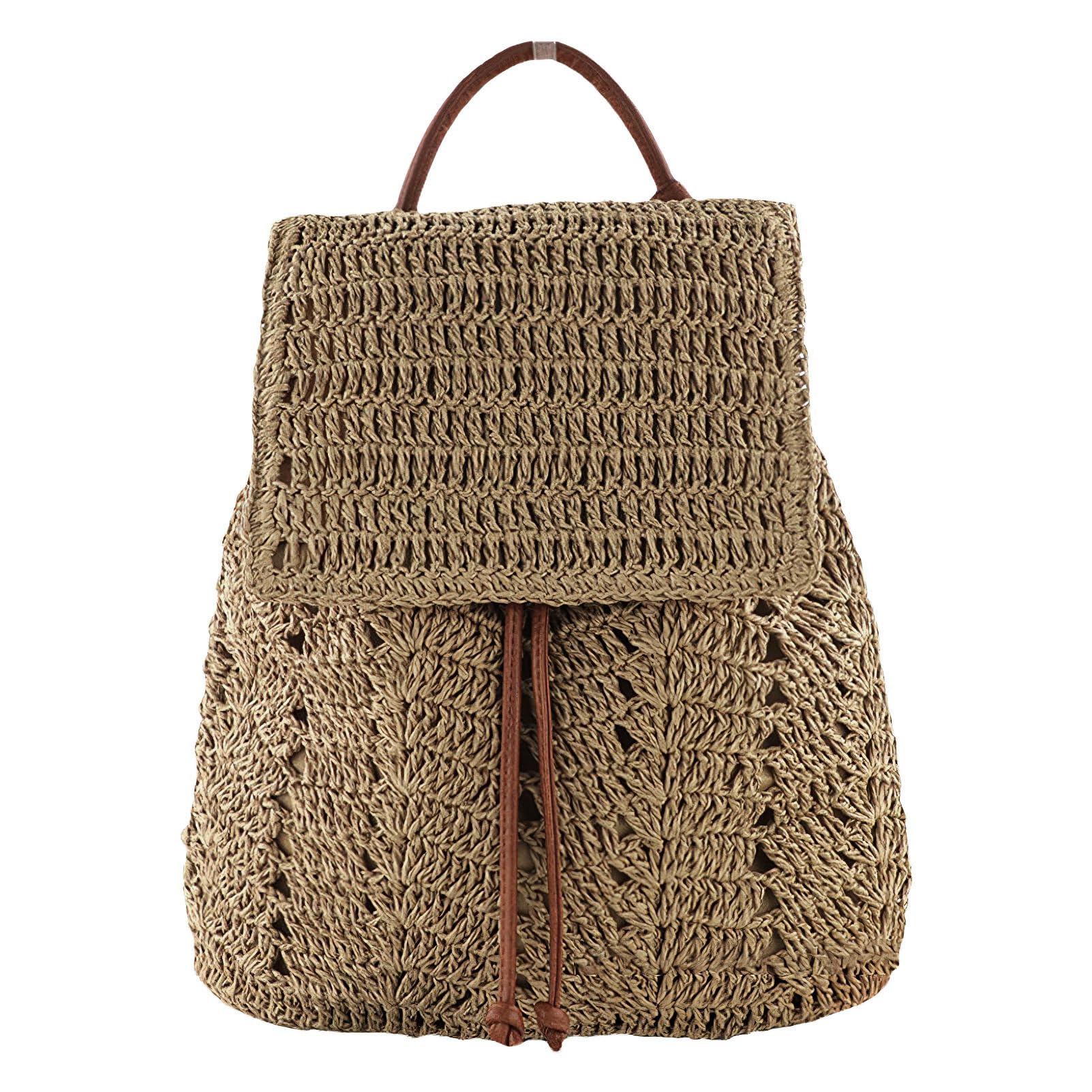 Mochila pequeña de paja para mujer, estilo bohemio, con cordón, hecha a mano, para playa, hombro, mochila de verano