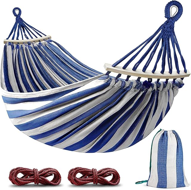 MOSFiATA 285x155cm Hammock with Spreader Bars, Camping Hammock Outdoor, with Thickened Durable Canvas Fabric and Sturdy Metal Knot, 550 lb Load Capacity, for Backyard, Garden, Blue