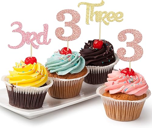 Paquete de 24 adornos para cupcakes de tercer cumpleaños con purpurina para tercer cumpleaños para baby shower, 3er cumpleaños, aniversario, fiesta,