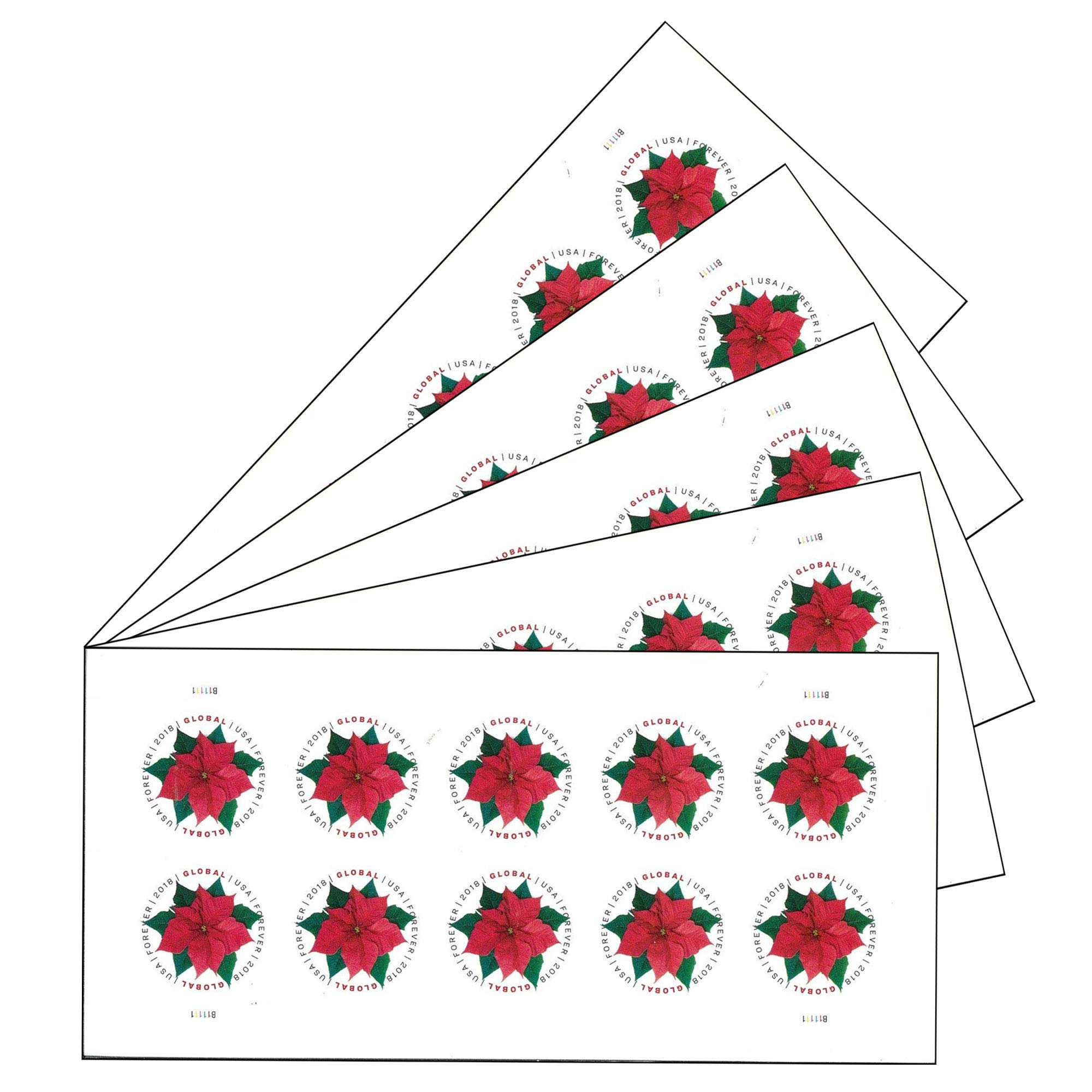 United States Postal Service USPS Global Poinsettia 5 Sheets of 10 International First Class Forever US Postage Stamps Mail Holiday Celebration Flower (50 stamps)