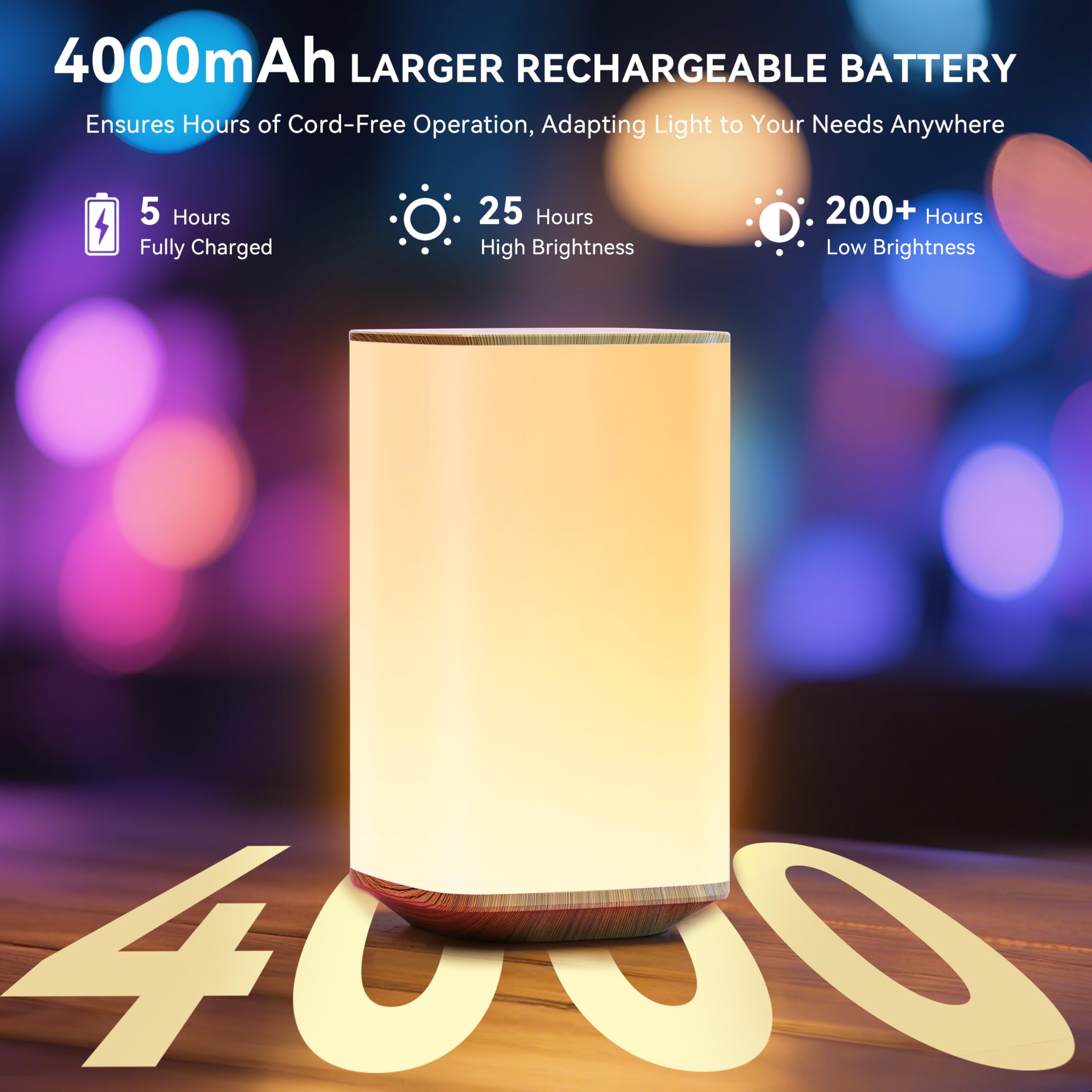 Auxmir Lampada da Comodino 4000mAh Ricaricabile, Luce Notturna Bambini con 256 Colori RGB Regolabili, Abat Jour da Comodino Touch per Crea Atmosfera, Camera da Letto, Soggiorno,Campeggio