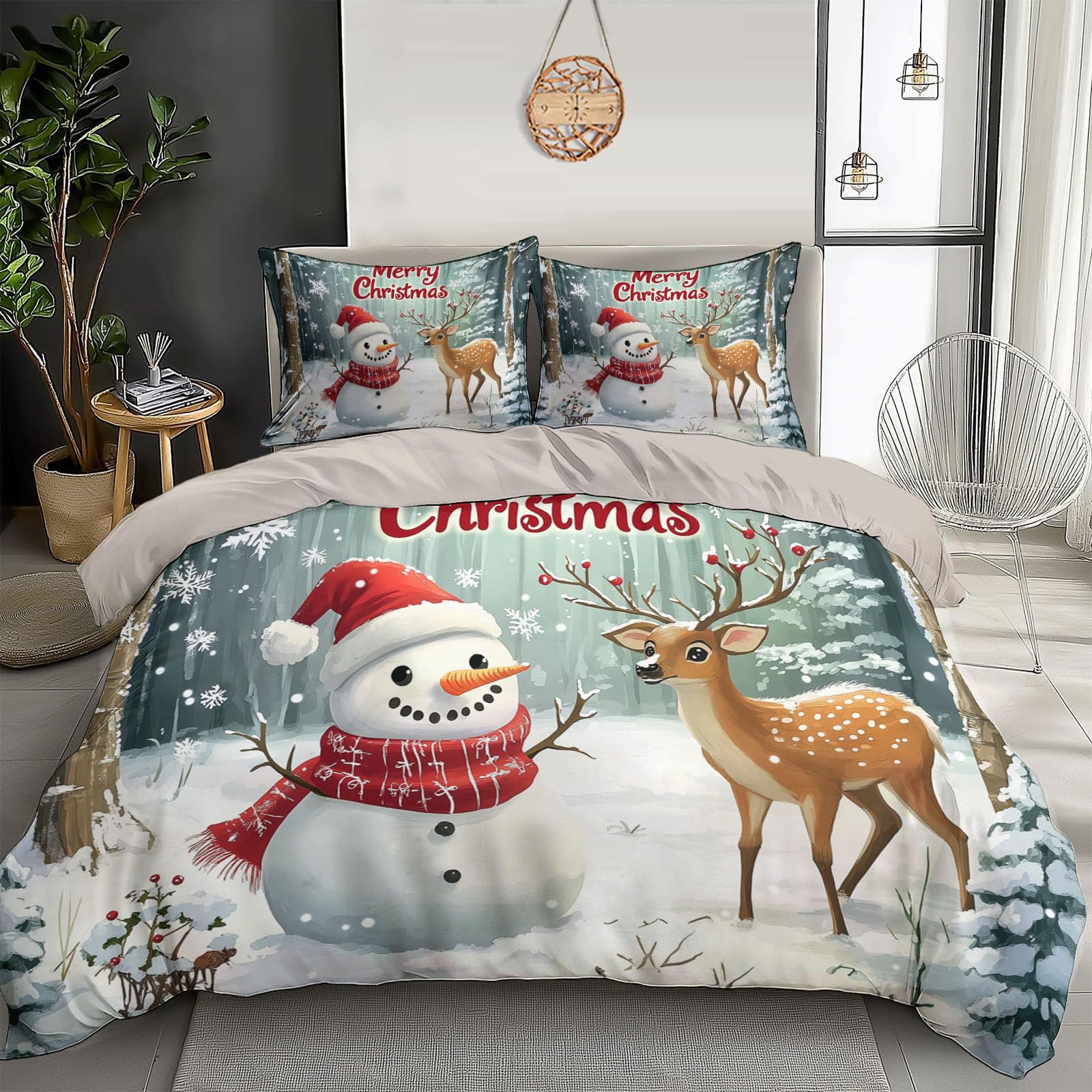 Housse de couette 200x200cm cerf et bonhomme de neige en cadeau