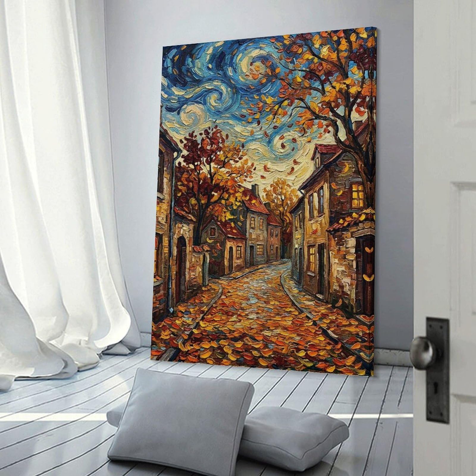 Junmoney Decorative Canvas Print Autumn Street Scene Painting, 24x36inch(60x90cm), for Living Room, Bedroom Or Home Office, Home Decor Gift with Stylish Appeal