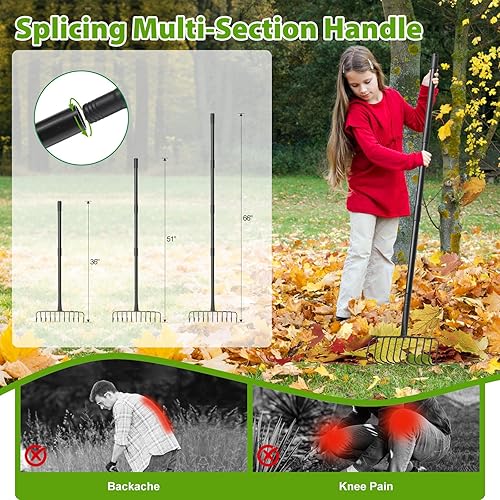 Miniatura 4 de Rastrillo de jardín, rastrillo resistente con 11 dientes, mango de 51 pulgadas, 16 pulgadas de ancho, rastrillos de hojas de paja de jardín de metal