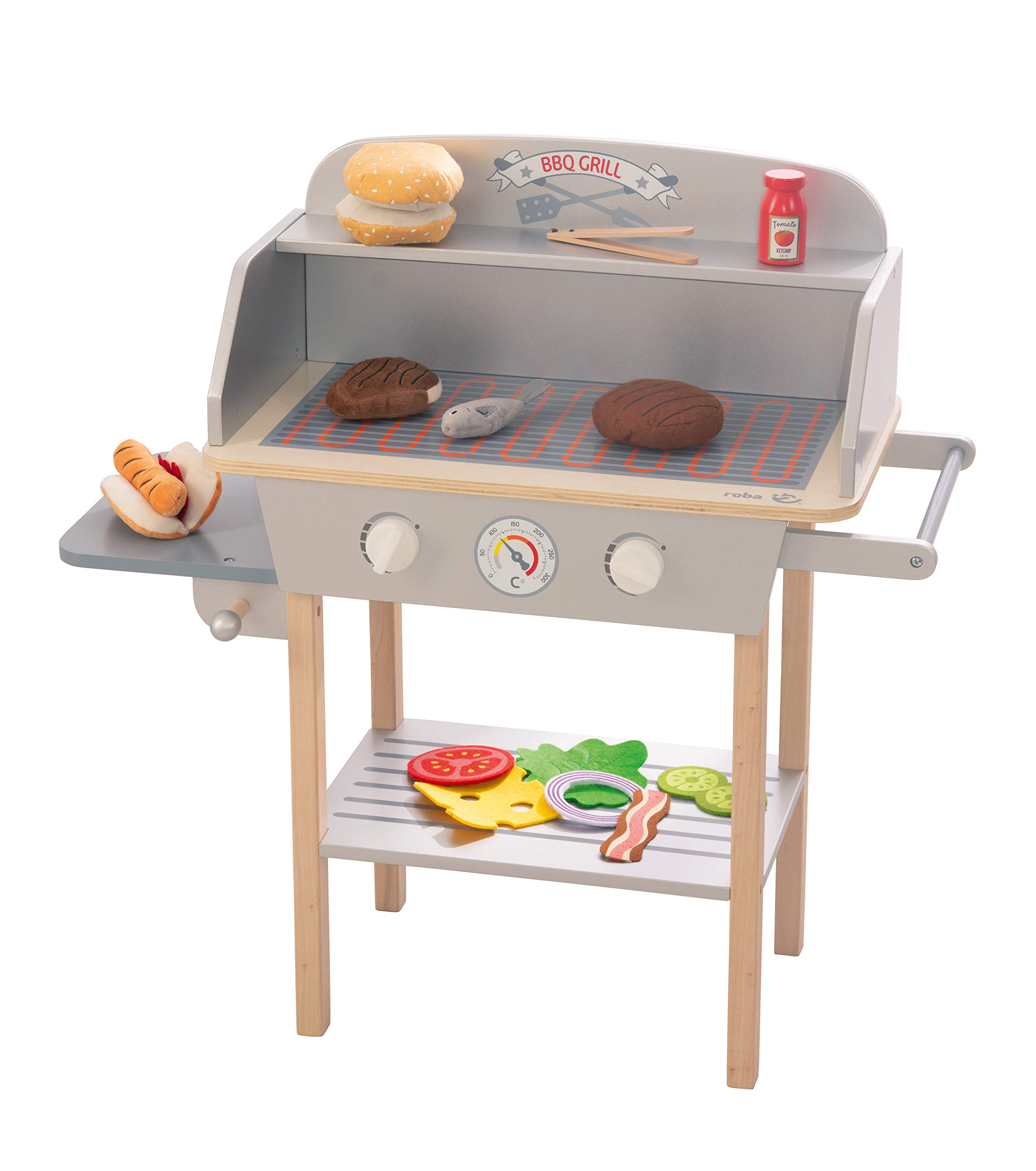 roba Jouet Barbecue en Bois pour Enfant - Cuisine Extérieure + 14 Pièces d'Accessoires et Ingrédients Burger en Peluche