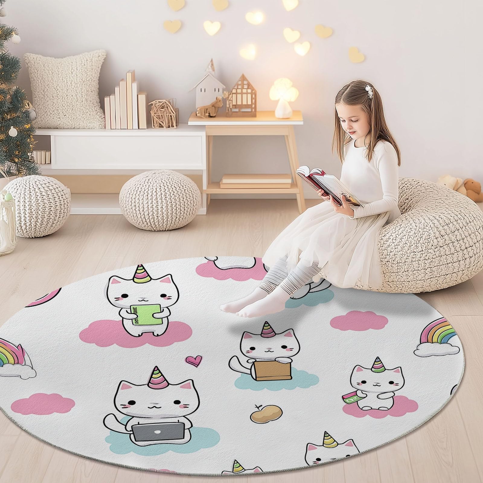 Genérico Alfombra Redonda de Patrón De Unicornio, 120 cm, Estilo Lindo De Dibujos Animados Lavable Grande Redonda, Antideslizante Suave Ultrafina para Dormitorio, Habitación Infantil Cocina, Blanco