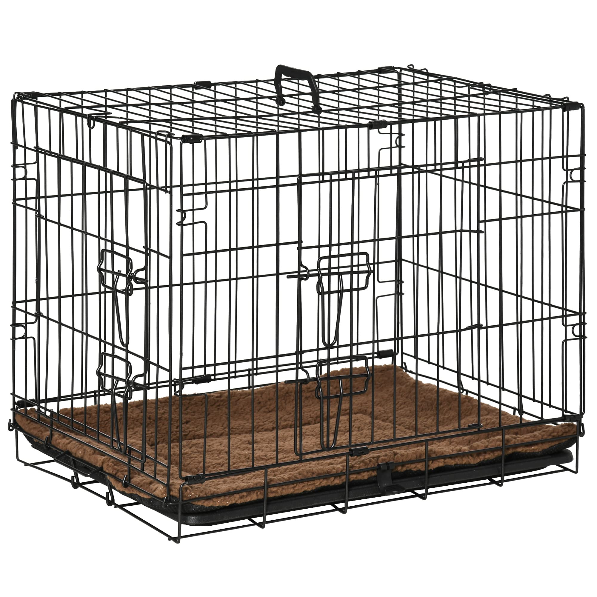 PawHut Jaula de Metal para Perros Plegable 60x43x49,5 cm con 2 Puertas con Pestillos Bandeja Extraíble Cojín Suave y Asa Portátil para Transporte Viaje Negro