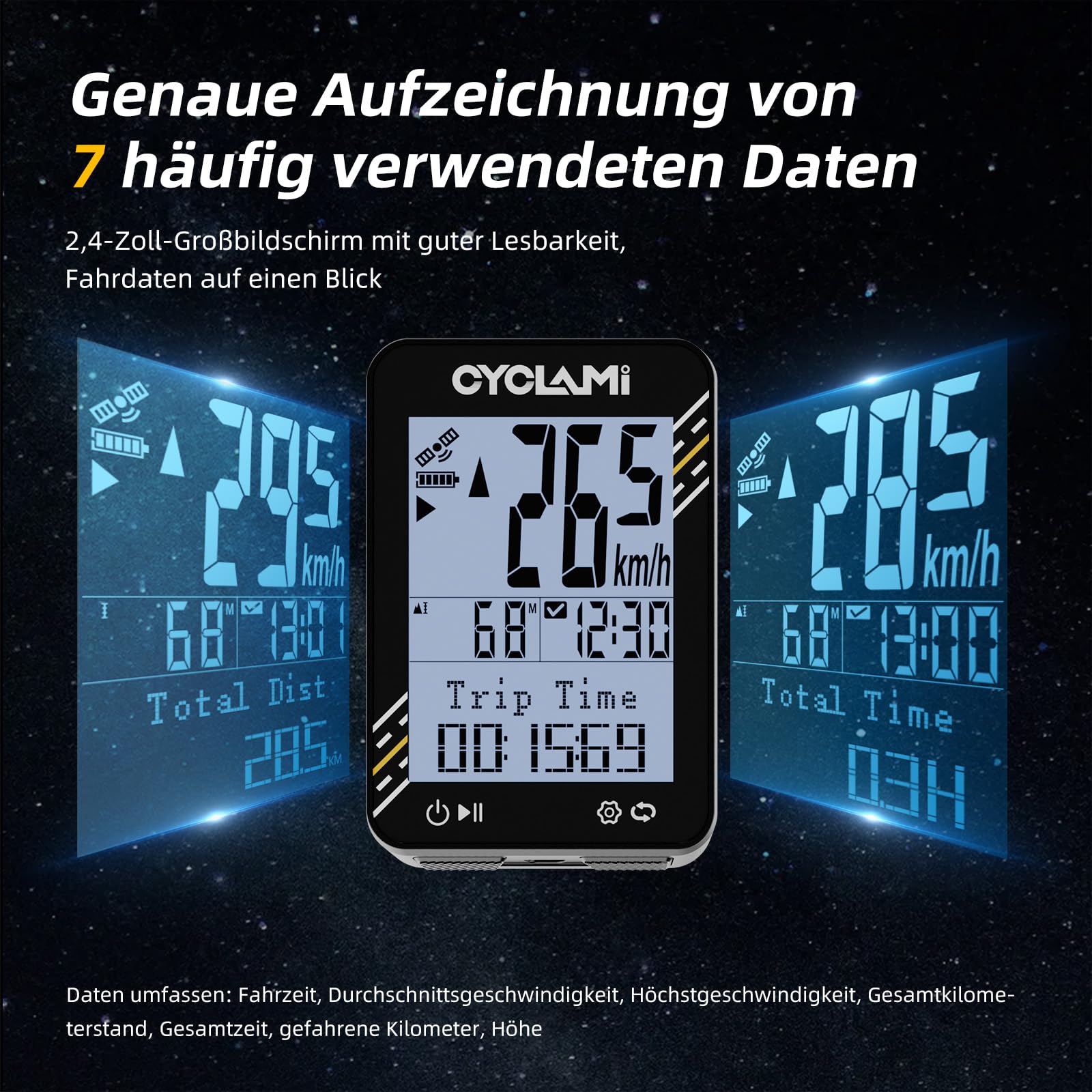 Computer da bicicletta wireless - Tachimetro GPS a 5 satelliti e contachilometri - Display da 2,4", facile da leggere anche sotto il sole - Durata della batteria 20 ore - Impermeabile IPX7