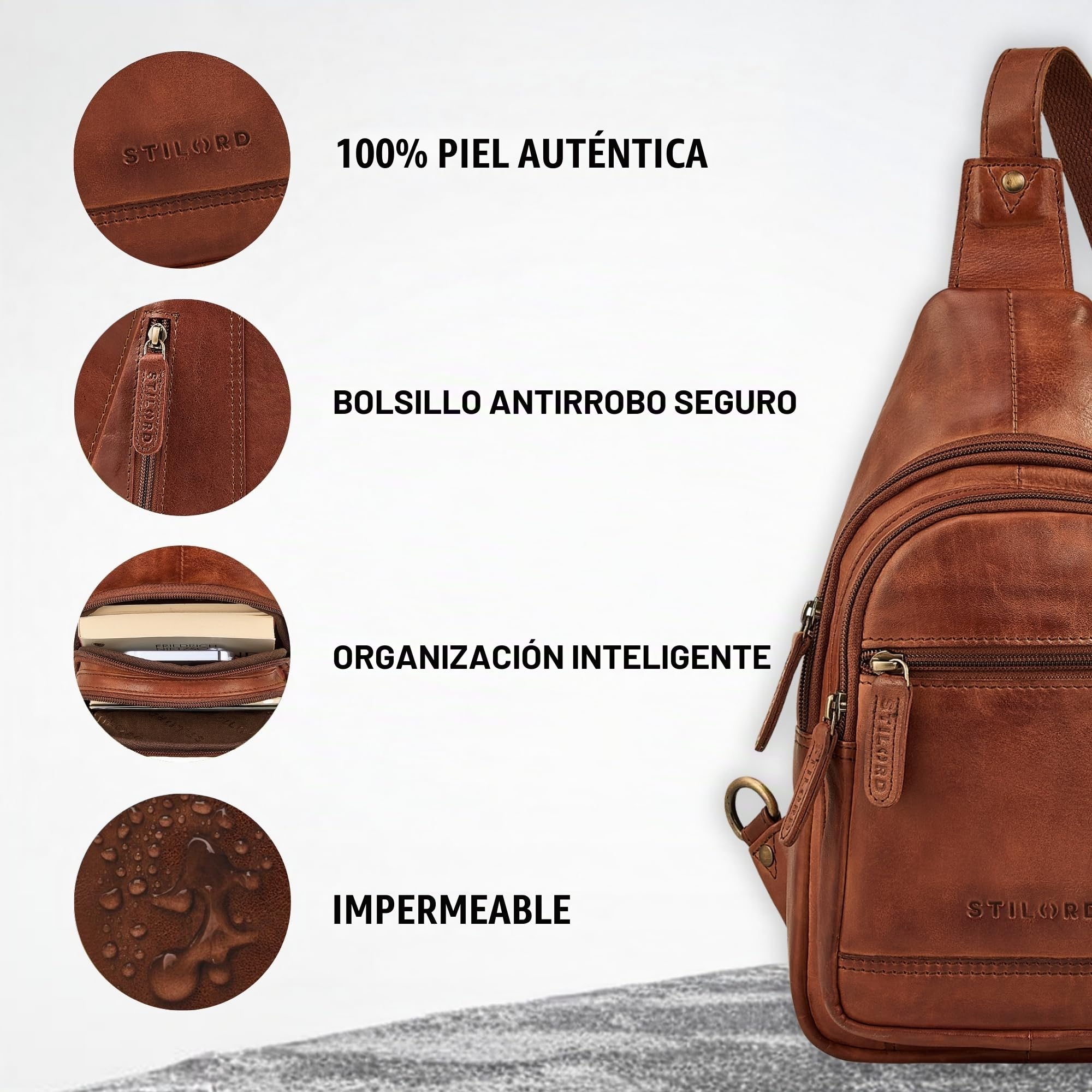 STILORD "Torino Estilo Bolso Pecho Hombre Piel Crossbody Bag – Riñonera de Pecho de Cuero Genuino para Colgar para Tablet de 8,3 Pulgadas Antirrobo para Viajes Color:negro