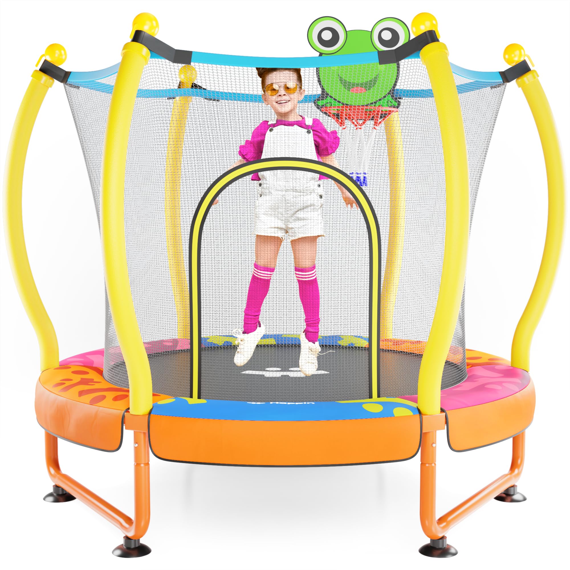 Happin 5' Mini Trampoline for Kids with Basketball Hoop, Ultra Safe Toddler Trampoline with Enclosure Net for Indoor & Outdoor, for Kids, Ages 1-8