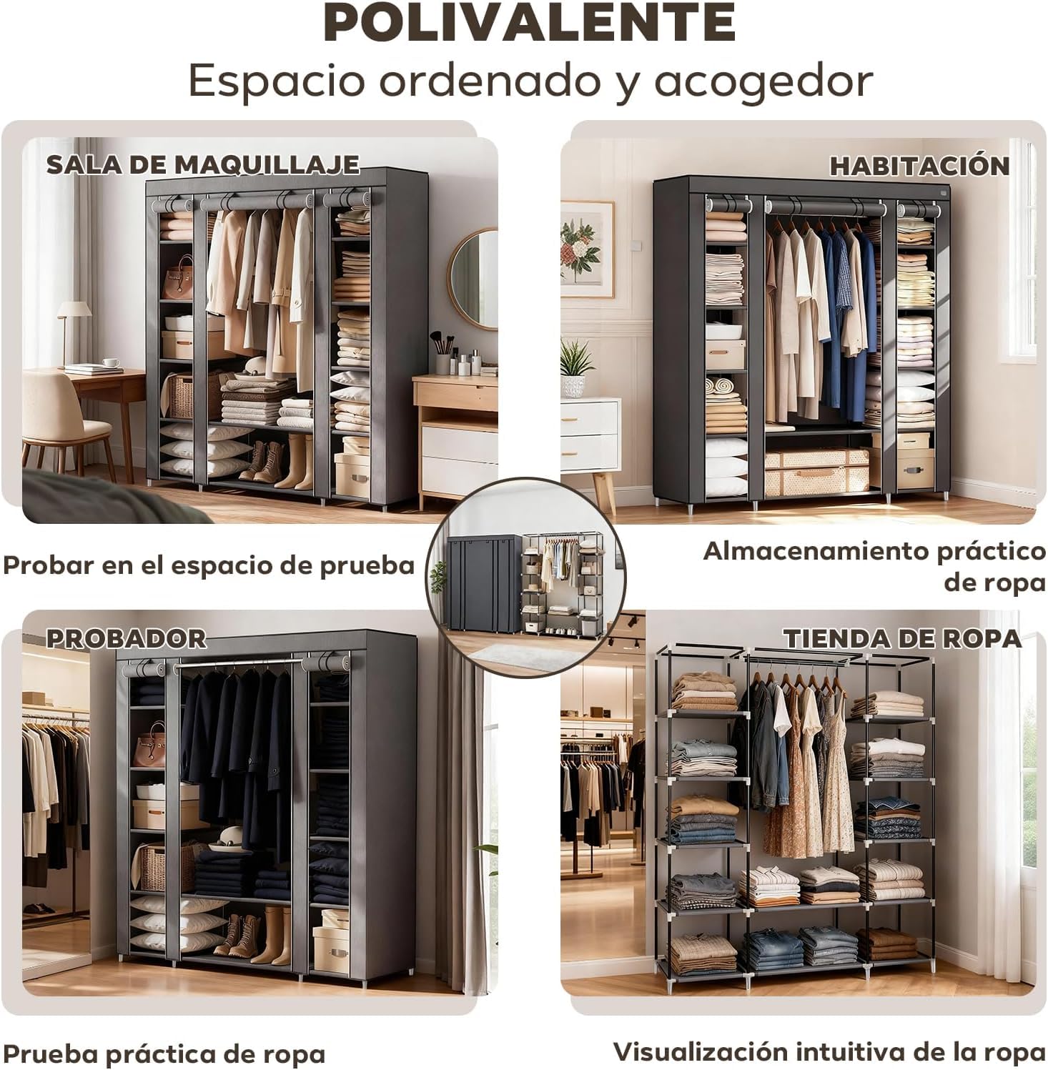 Armario de Tela 12 Compartimentos con Barra Colgador, Guardarropa Estable para Dormitorio, 150x45x175 cm, Gris