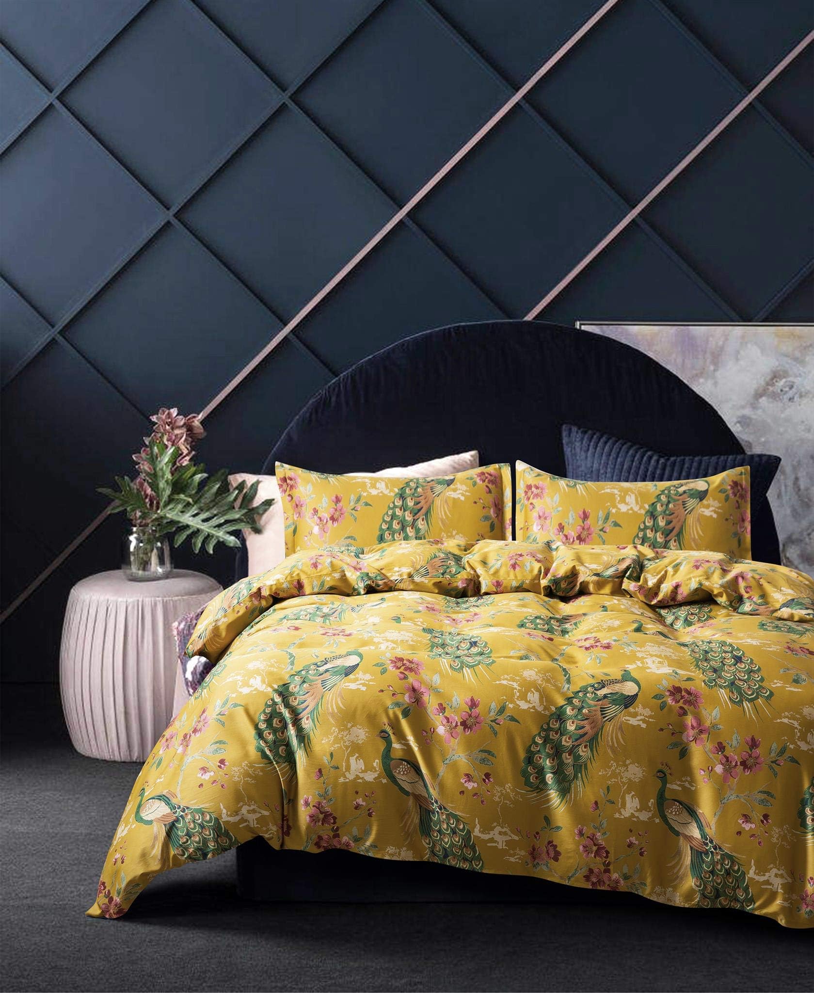 Eikei Chinoiserie Chic Peacock Floral Duvet Cover Paradise Garden Botanical Bird and Tree Branches Vintage Stylized Long Staple Cotton Bedding Set (King, Citrine)