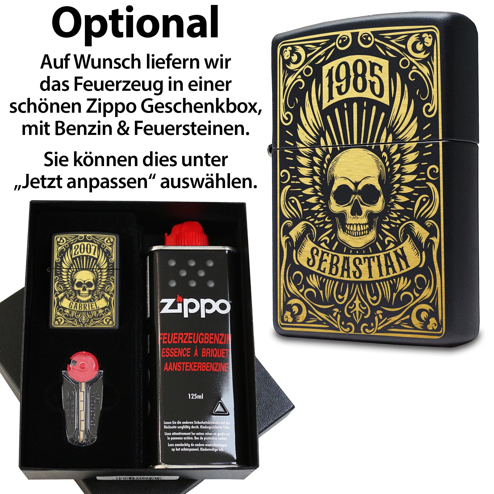 Totenkopf Zippo Feuerzeug mit personalisierter Gravur, Sturmfeuerzeug mit Totenkopf Zippo Geschenk für Männer