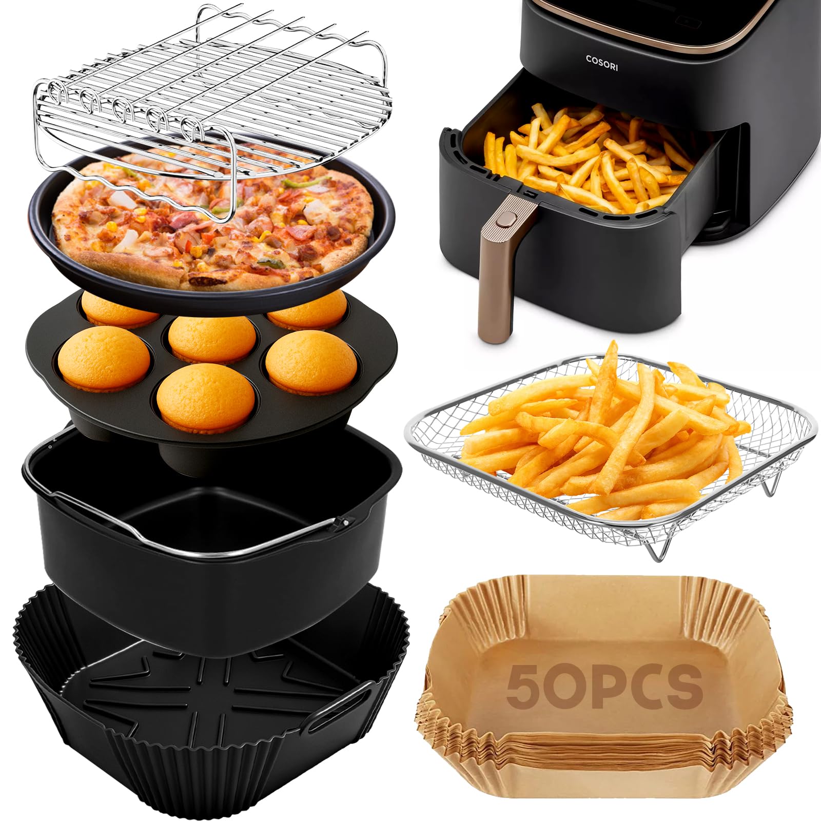 Accesorios Freidora de aire Para Cecotec 5.5L/6L/6.5L/8L, Cosori 5,7L/6L/6.2L, Reutilizables Moldes de Silicona para Air Fryer, Microondas, Horno