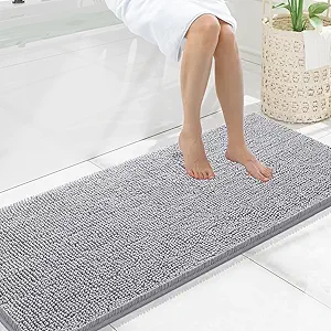 Smiry Luxury Chenille Bathroom Rugs 59x20, Extra Soft and Absorbent Shaggy Bath Mat, Machine Washable, Non-Slip Plush Carpet Runner for Tub, Shower, and Floor, Home Decor Accessories, Light Grey