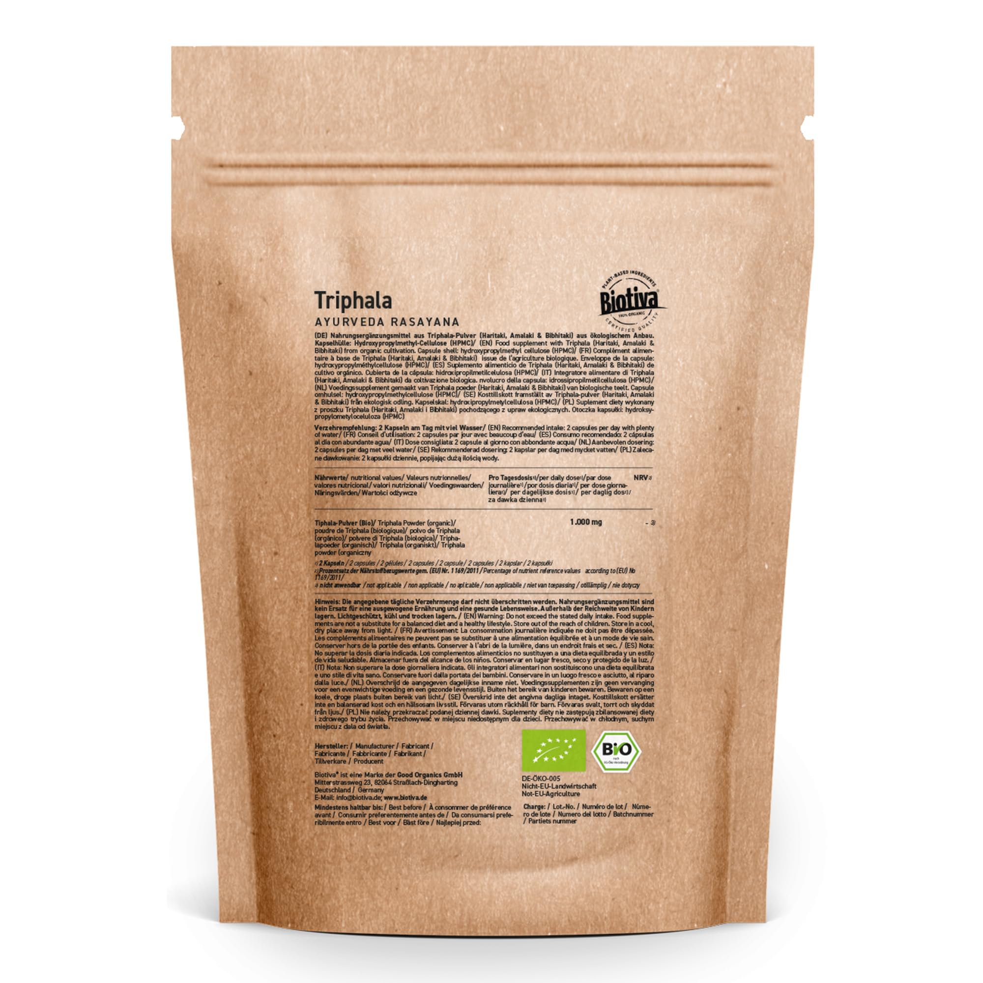 Triphala biologico 180 capsule | 500 mg per capsula | Dose per 60 giorni | Biotriphala ad alte dosi | imbottigliato e controllato in Germania | vegano | Biotiva