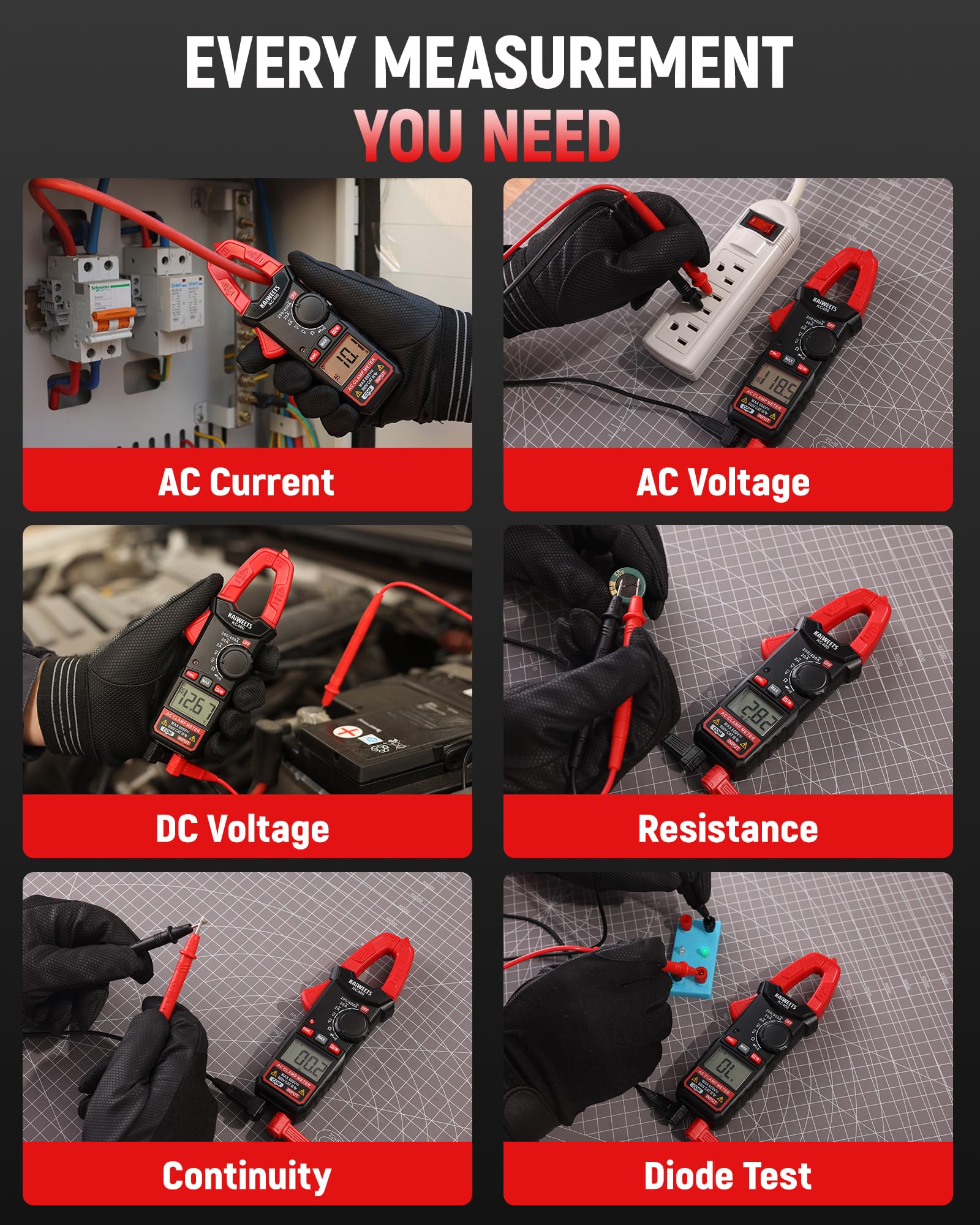KAIWEETS Digital Clamp Meter, Portable Size, 2000 Counts, Measures High AC Current 400A, 600V AC/DC Voltage, Resistance, Continuity, Diode, Auto Ranging Multimter, Voltage Tester, KC400 — Amazon image 8