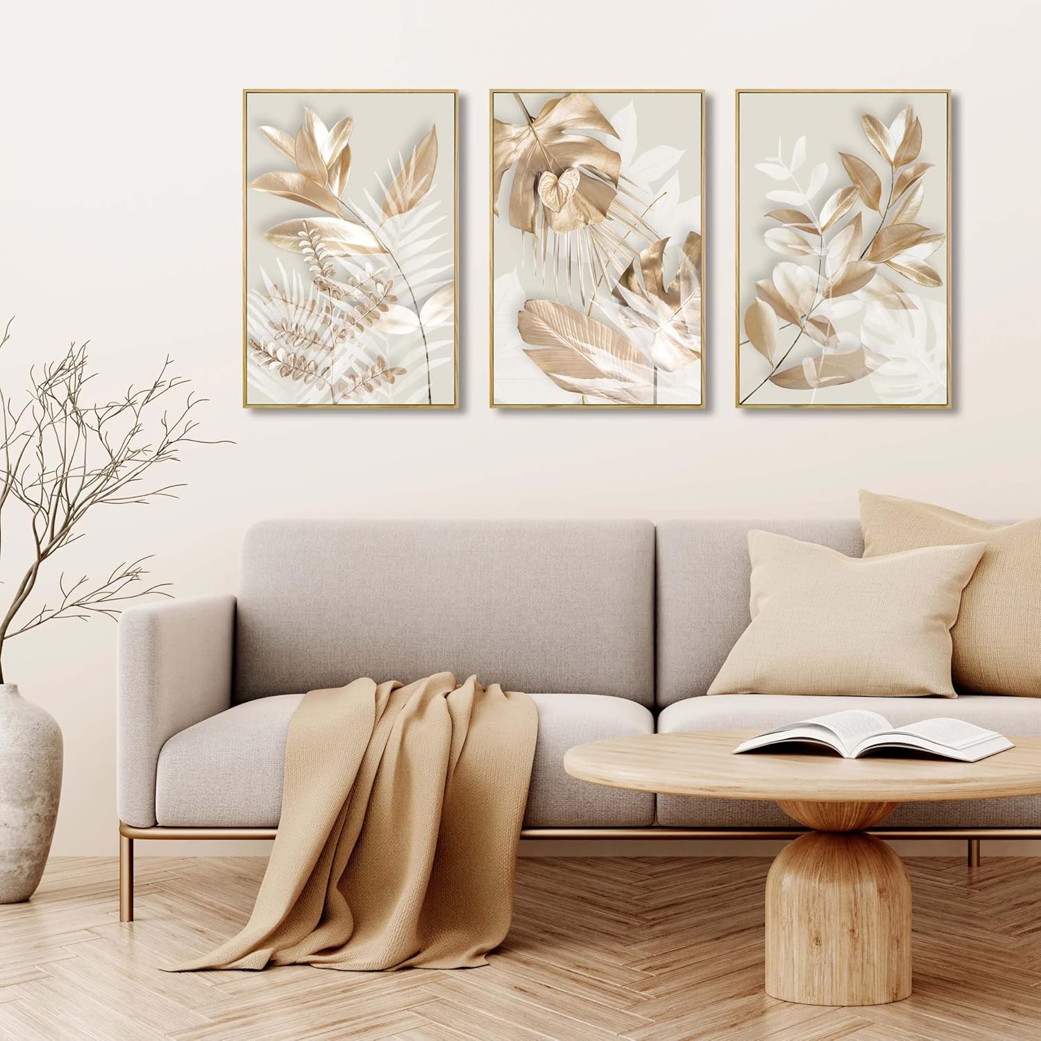 Large Picture for Living Room 3 Pieces Modern Gold Flowers and Leaves Canvas Wall Pictures White and Gold Wall Art for Bedroom Decor Elegant Wall Decor Set of 3 Wall Art Framed 20x28inches x3pcs