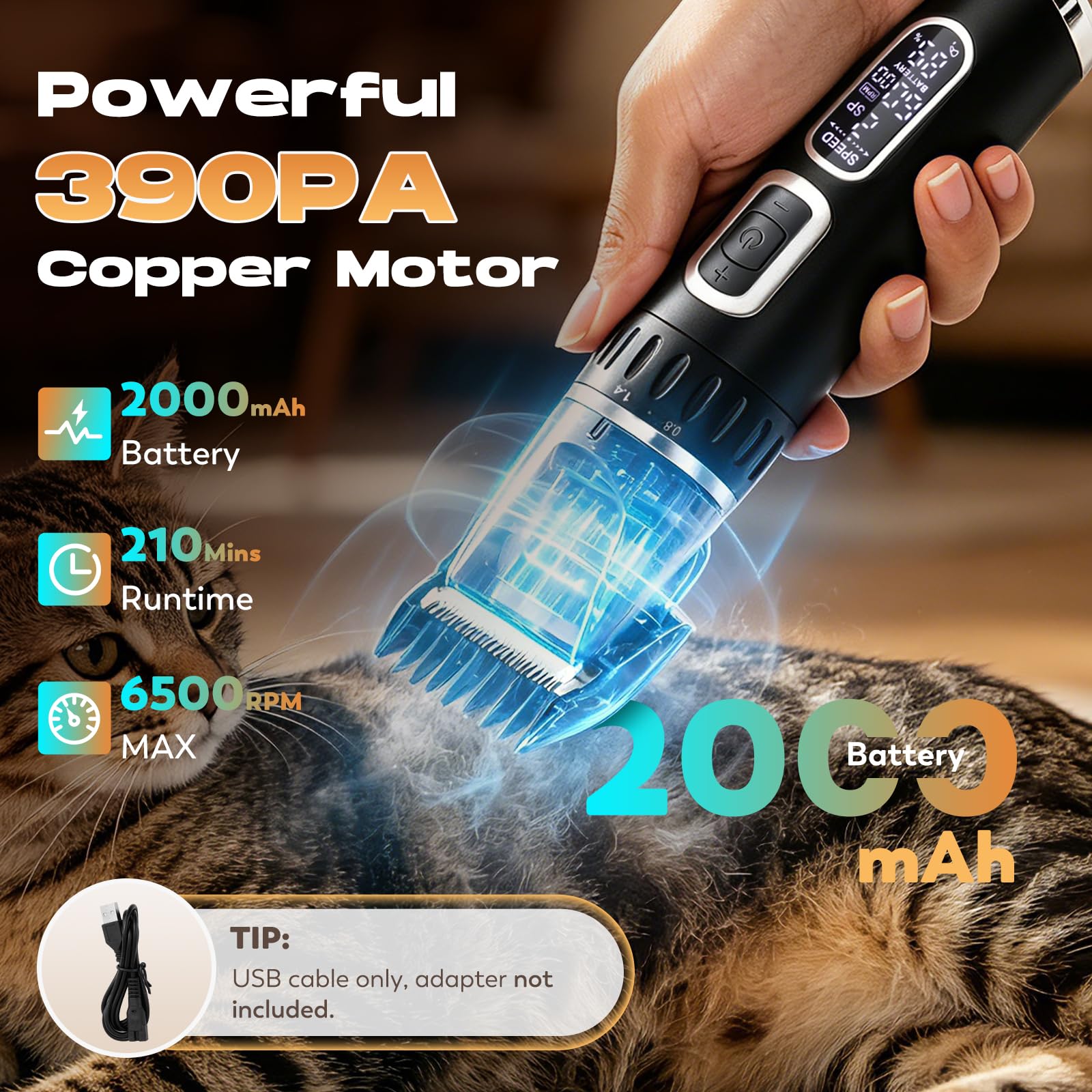 CGOLDENWALL Cortapelo Perros Inalambrico, 3 Velocidades, Perros Gatos | Cuchillas Titanio Ceramica, 210min Autonomia, 4 Peines, Carga USB, Plateado