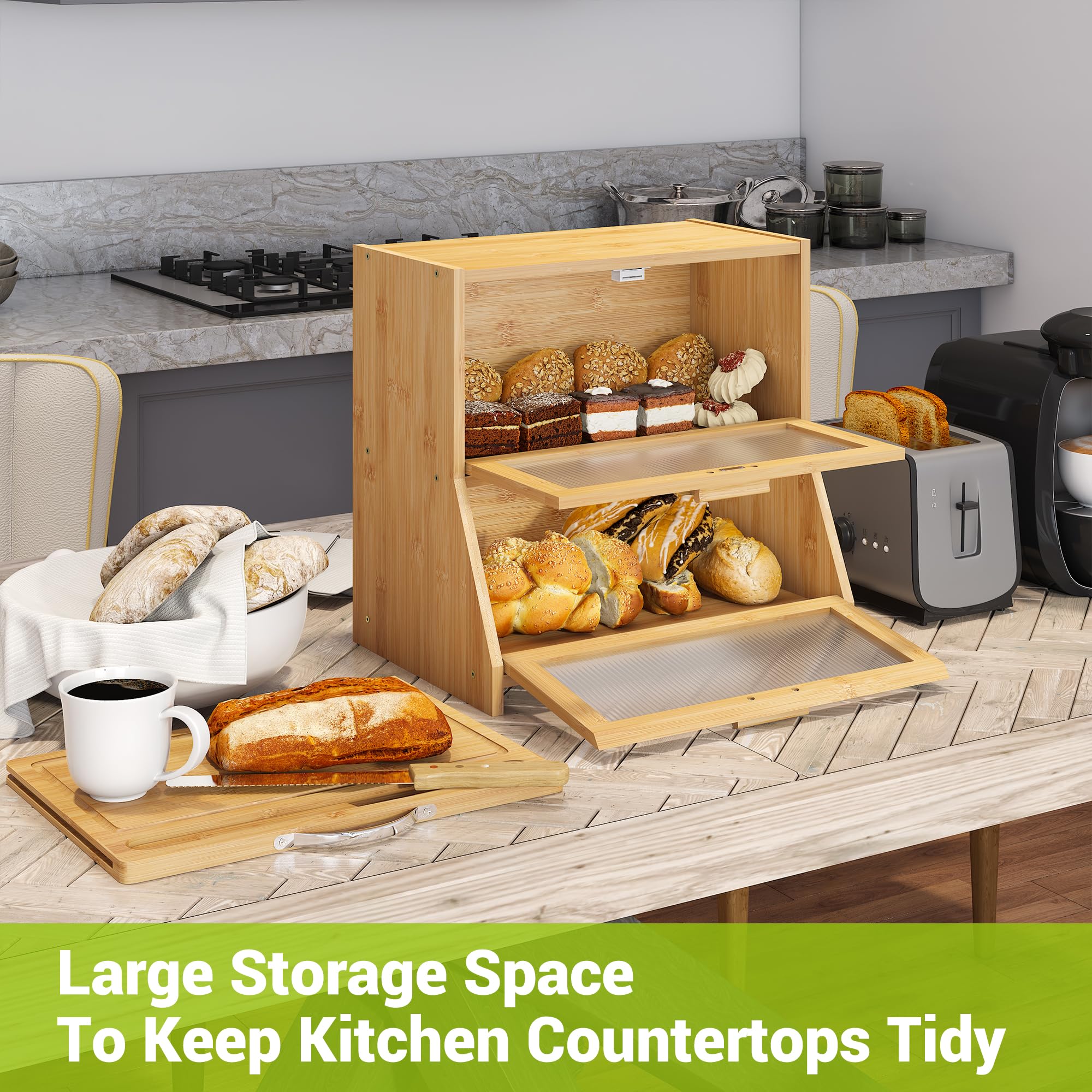 BMOSU Bamboo Bread Box with Cutting Board -3