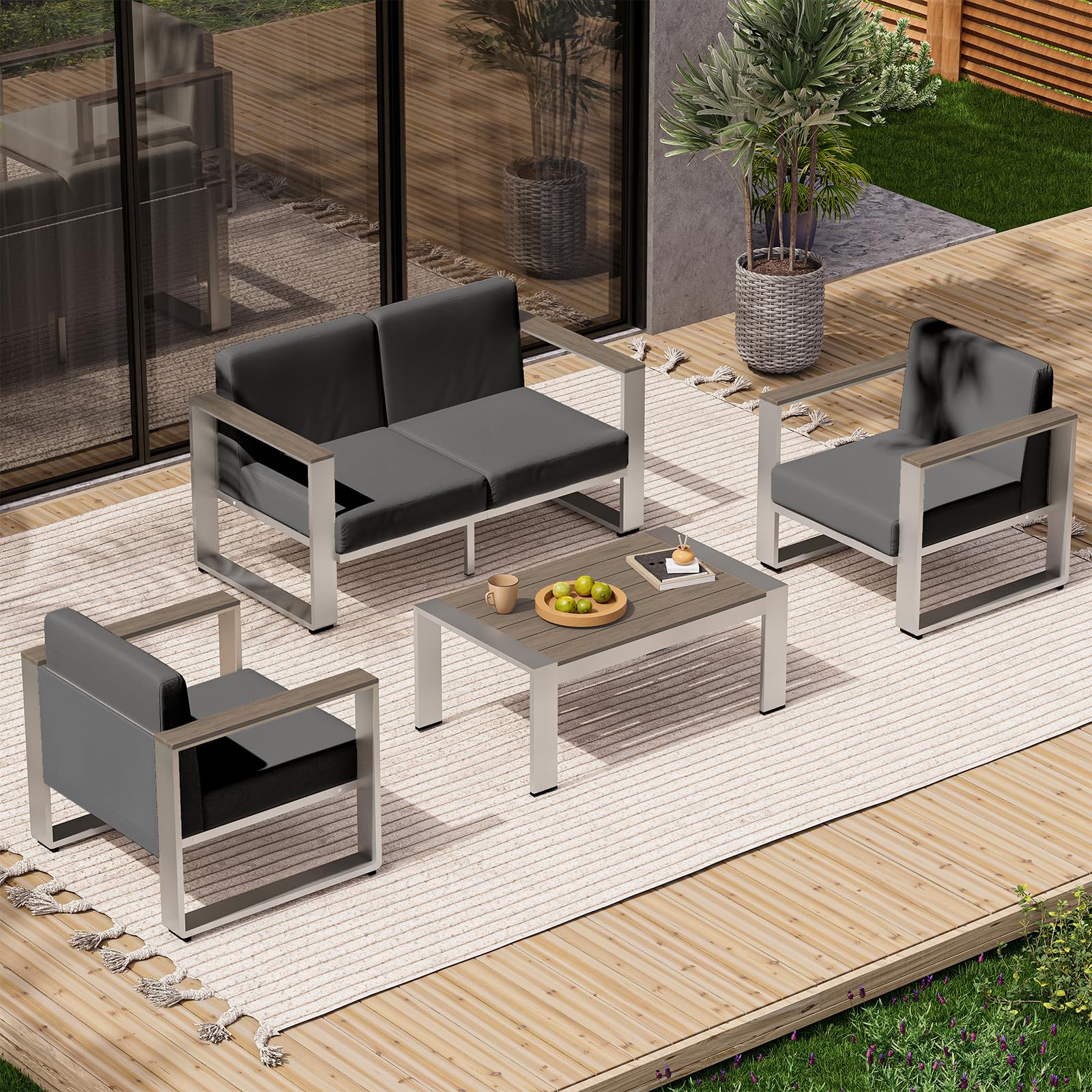 Aluminum Outdoor Furniture Set, 4 Seats Outdoor Patio Conversation Sets with Ergonomic Seat and Wide Washable Thick Cushions, Modern Patio Sectional Furniture for Balcony, Porch (Charocal)