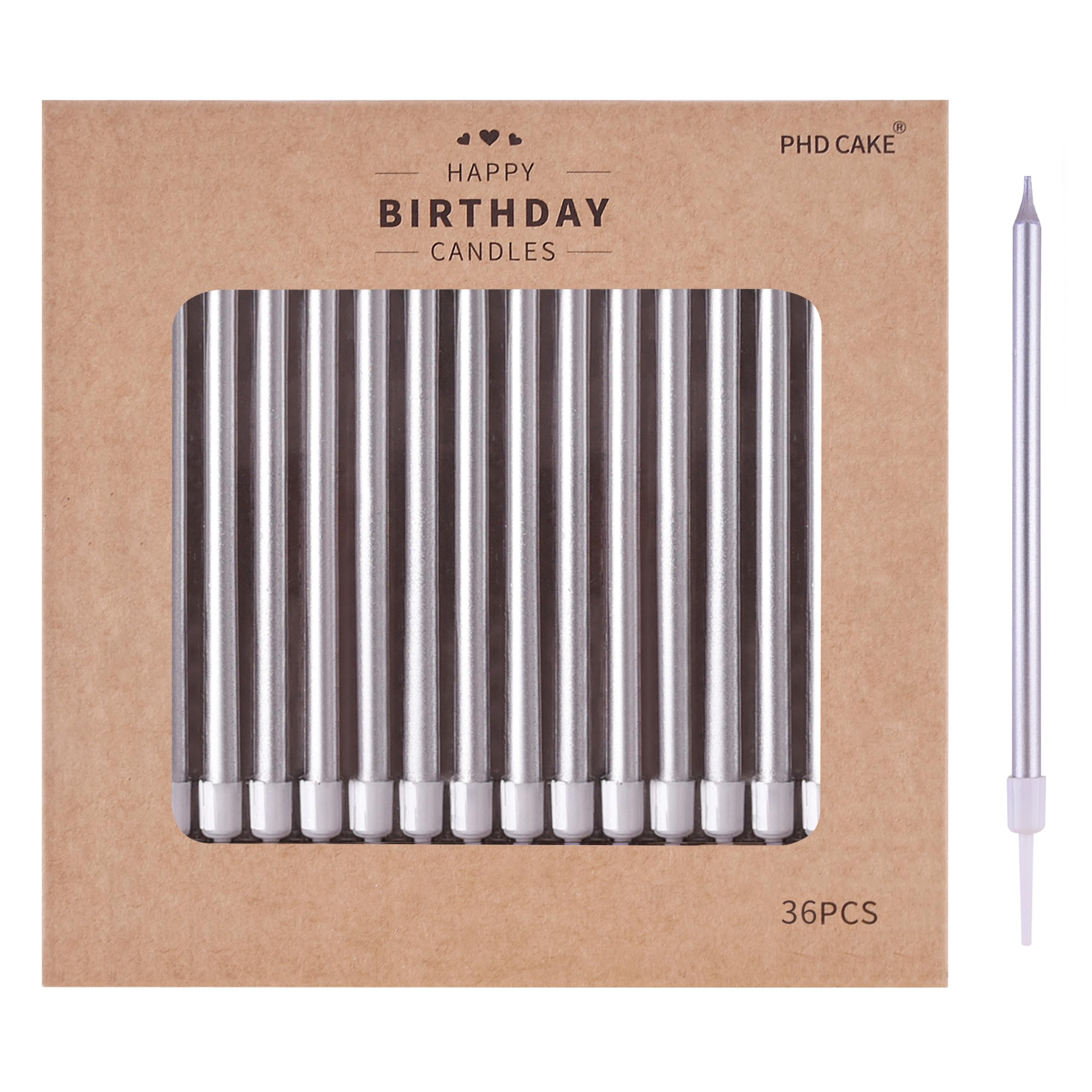 PHD CAKE 36-Count Silver Long Thin Metallic Birthday Candles, Cake Candles, Birthday Parties, Wedding Decorations, Party Candles, Cake Decorations